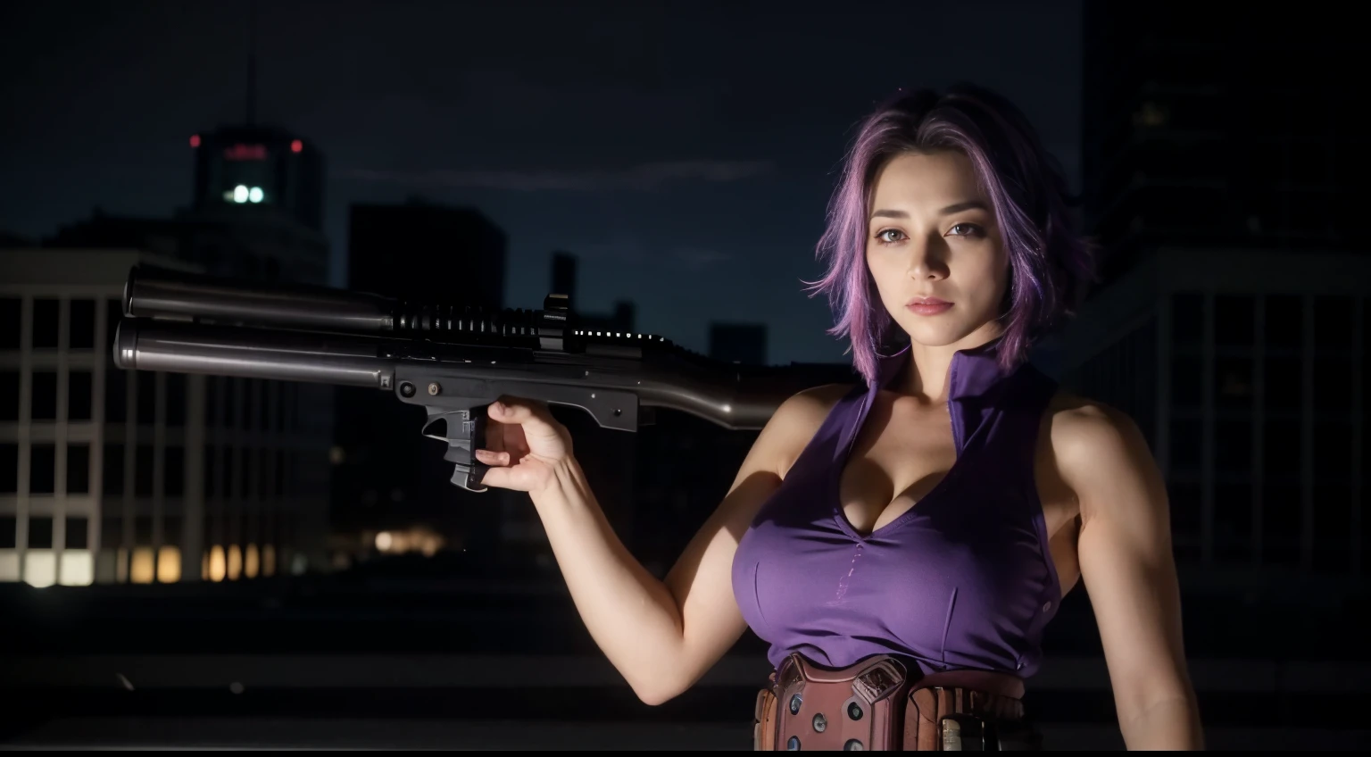 1girl, short hair, purple hair, multicolored hair, purple eyes, purple dress, belt, at night, rooftop, scyscraper, sniper riffle, (big tits)