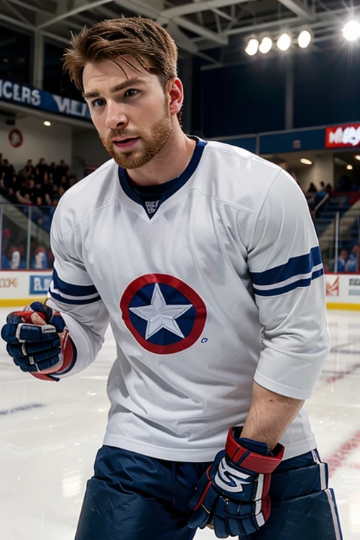 chris evans is a ice hockey player, muscular body, he is in an ice rink