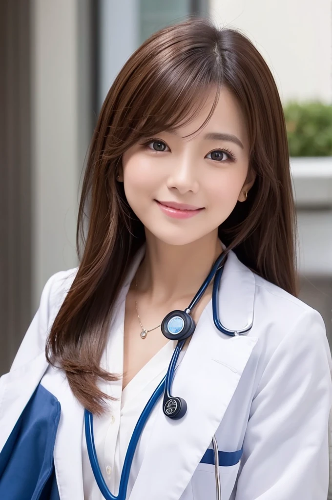 The most beautiful woman who works as a doctor、with shiny brown hair、White Y-shirt and navy miniskirt、wearing a medical white coat、Stethoscope on the neck、Very enchanting.。She's full of confidence々Smiled at.、toward to the camera。her fashion and expressions、A perfect balance between cuteness and elegance、It draws the viewer in and doesn&#39;t let go.。Through this scene、Express her charm to the fullest。"