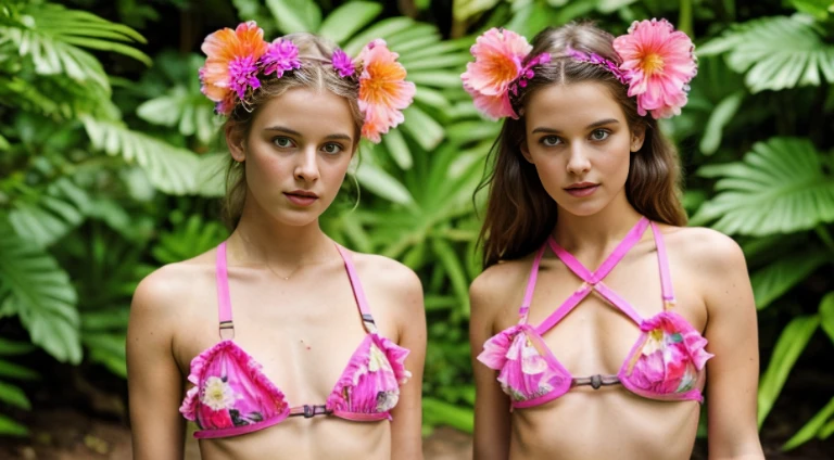 Two very pretty 21 year old girl models, topless. Floral outfit pink body harness, topless, body covers with neon flowers, wild rave outfit, bright frilly shorts. Facing viewer, floral theme, soothing tones, vivid colours, high contrast, (natural skin texture, hyperrealism, soft light, sharp) glamour magazine