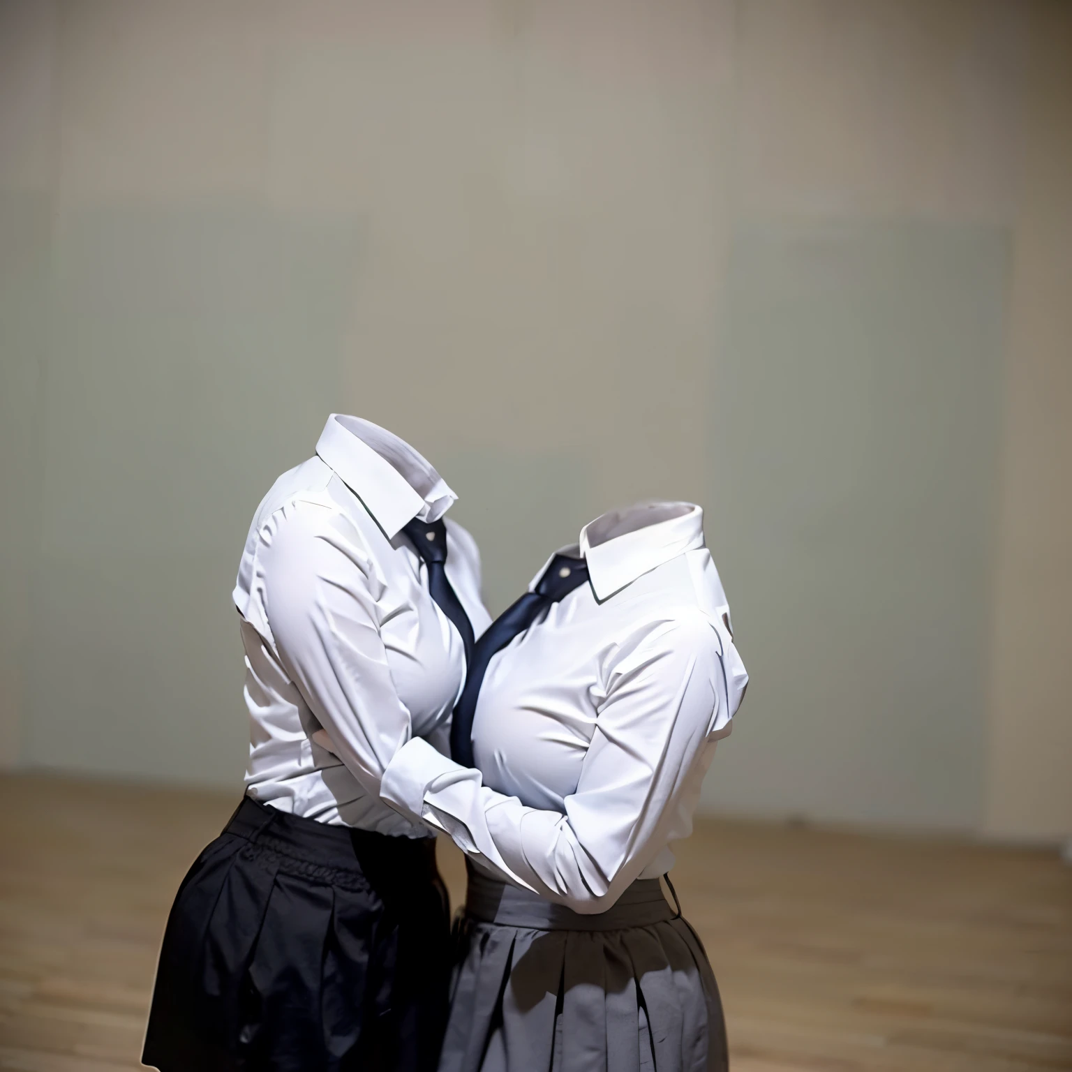 (chubby, fat), (two girls love each other:1.4), long sleeve, white shirts, blue stripe tie, dark grey skirt, school tie, (cute pose), (invisible, no humans, headless, faceless:1.5), (cute big breasts), (close-up shot of breasts), photon mapping, radiosity physically-based rendering