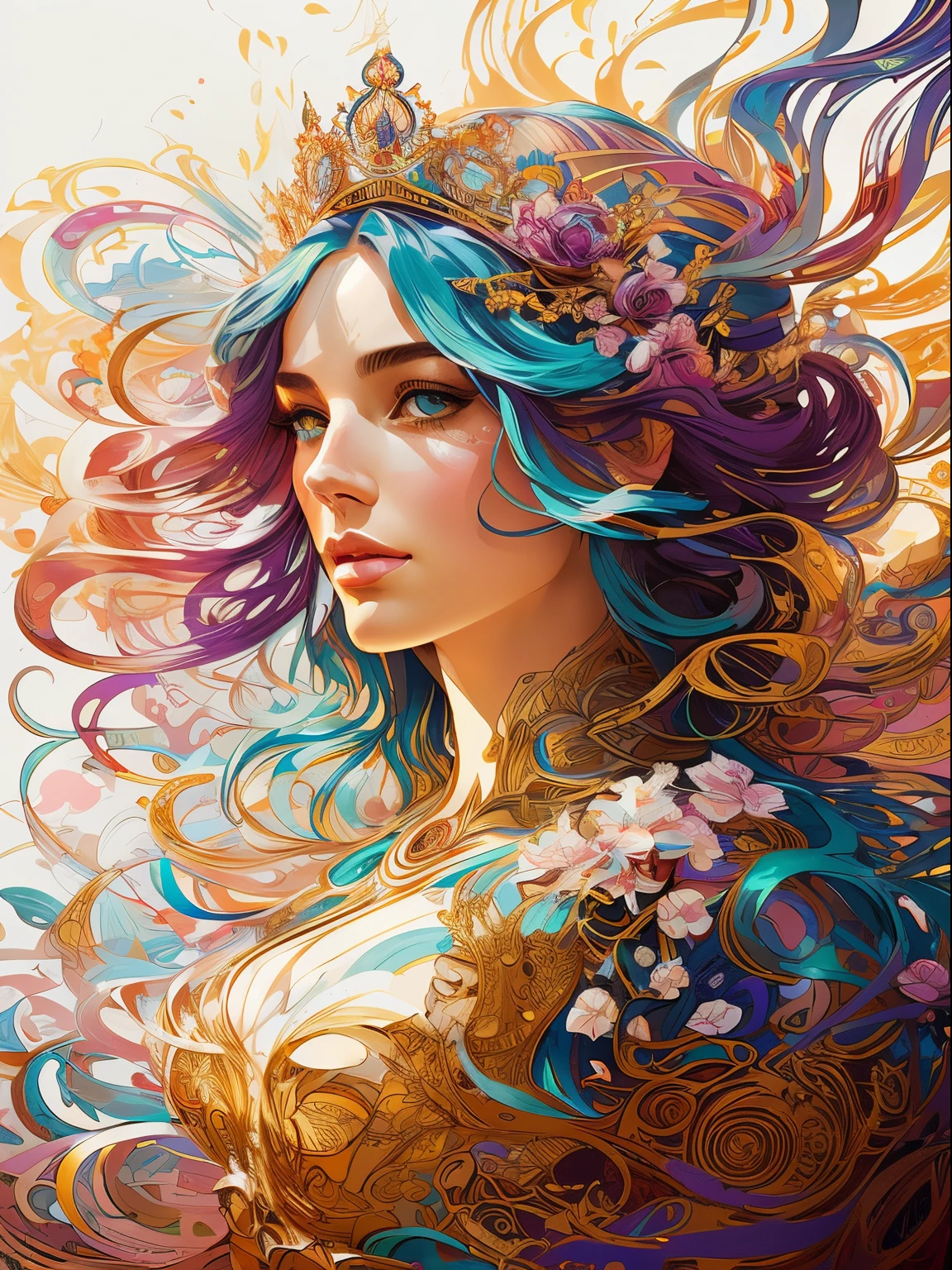 a princess with a crown on her head and a blue dress, FISideRight, by JoWOnder, a stunning portrait of a goddess, alphonse mucha and rossdraws, inspired by JoWOnder, mohrbacher, painting of beautiful, stunning art style, beautiful character painting, peter mohrbacher c 2 0, portrait of a beautiful goddess, in the art style of mohrbacher,, ((best quality)), ((masterpiece)), (detailed), perfect face, abstract beauty, Create a digital art work in psychedelic pop art style, psychedelic tone color, luxury elegance bold with hint of feminine, happy youthful, authentic, brave, purple and gold tone color, centered, key visual, intricate, highly detailed, breathtaking beauty, precise lineart, vibrant, comprehensive cinematic, Carne Griffiths, Conrad Roset, vector art, Colorful graffiti illustration, ((White Background)), (the most beautiful portrait in the world:1.5)
