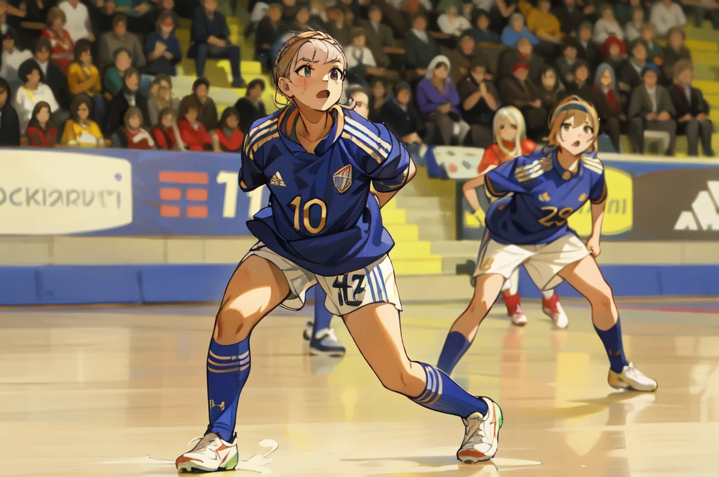 there are two women playing a game of soccer on the court, simona sbaffi the captain, elena masci, barbara canepa, marta syrko, laura sava, sanja stikovic, svetlana tigai, sport, niele toroni, woman, indoor, nicola samuri, giorgia meloni, magdalena radziej