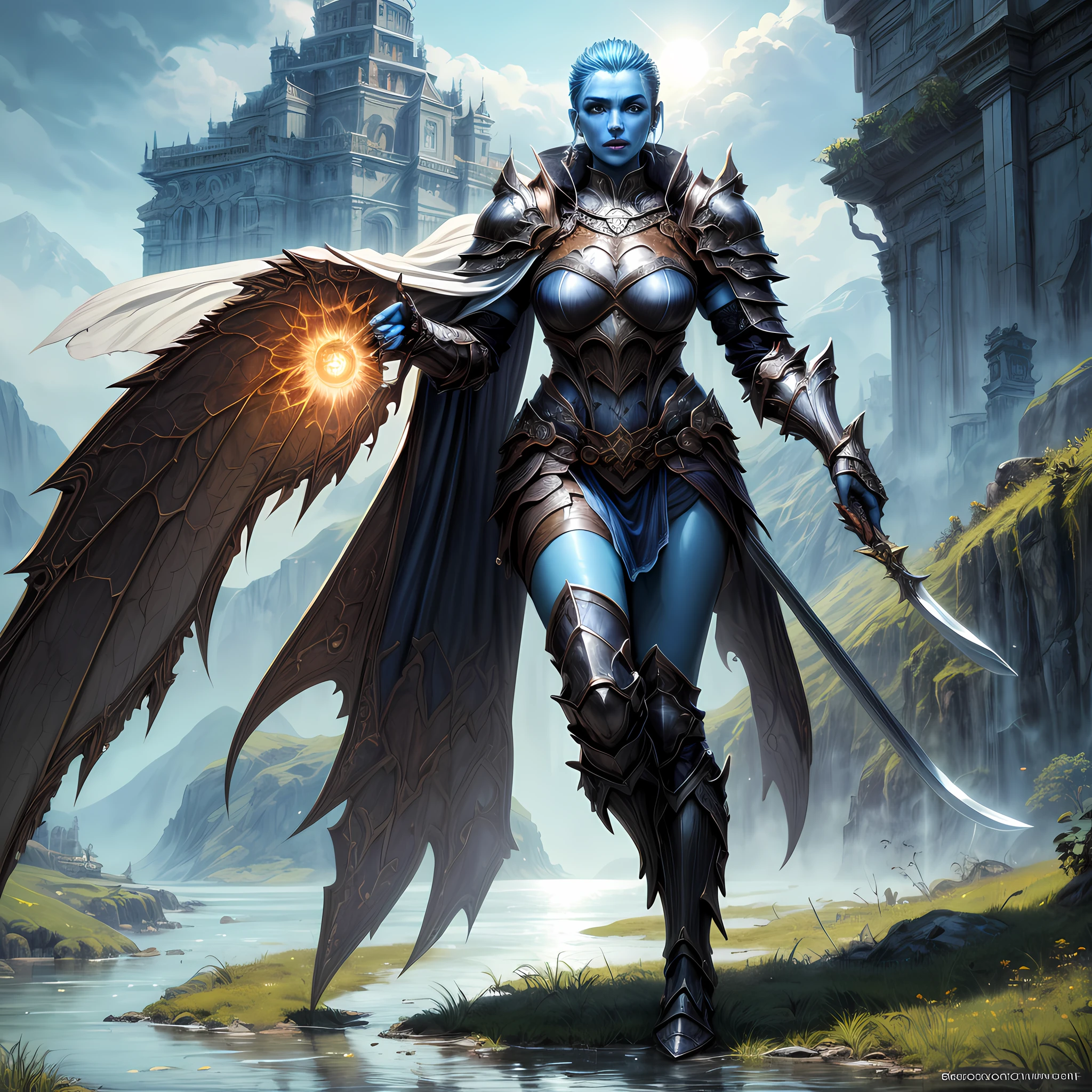concept art, wide shot, (masterpiece:1.3), full body intense details, highly detailed, photorealistic, best quality, highres, portrait of a  Vedalken female (fantasy art, Masterpiece, best quality) (blue skin: 1.3), intense details facial detail fantasy art, Masterpiece, best quality)cleric,  (blue skin: 1.3) (bold head: 1.3), intense green eye, fantasy art, Masterpiece, best quality) armed a fiery sword red fire, wearing heavy white half plate mail armor CM-Beautiful, wearing high heeled laced boots, wearing a white cloak within fantasy temple near river background and sun and clouds, reflection light, high details, best quality, 16k, [ultra detailed], masterpiece, best quality, (extremely detailed), dynamic angle, ultra wide shot, photorealistic, RAW, fantasy art, dnd art, fantasy art, realistic art,
