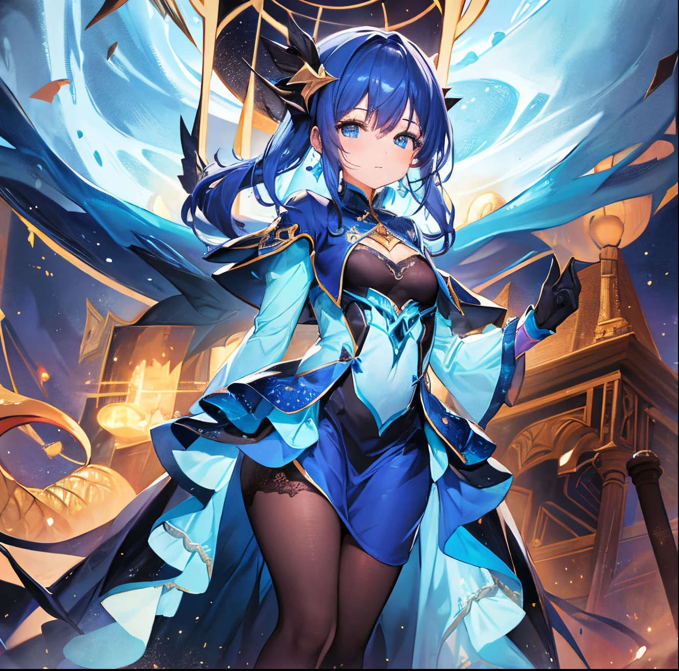 In the background, a girl transformed by a cosmic dragon wearing a blue dress and black stockings.