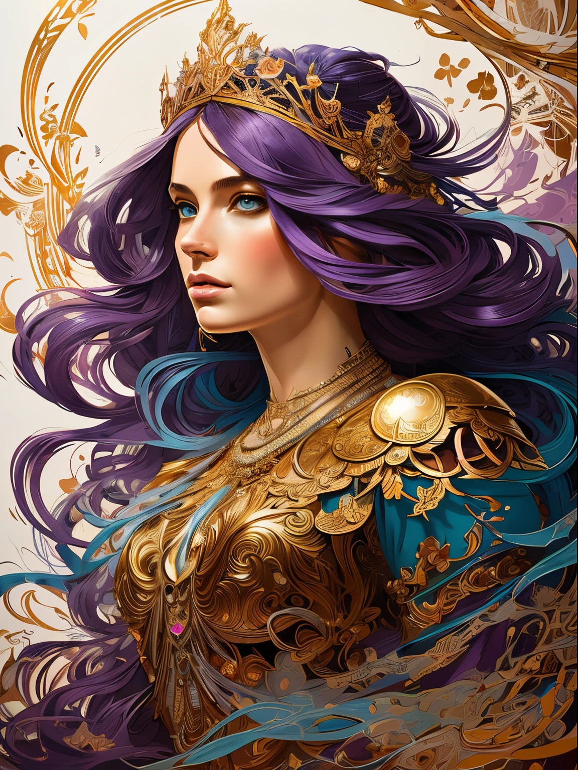 a princess with a crown on her head and a blue dress, FISideRight, by JoWOnder, a stunning portrait of a goddess, alphonse mucha and rossdraws, inspired by JoWOnder, mohrbacher, painting of beautiful, stunning art style, beautiful character painting, peter mohrbacher c 2 0, portrait of a beautiful goddess, in the art style of mohrbacher,, ((best quality)), ((masterpiece)), (detailed), perfect face, abstract beauty, Create a digital art work in psychedelic pop art style, psychedelic tone color, luxury elegance bold with hint of feminine, happy youthful, authentic, brave, ((purple)) ((gold)), centered, key visual, intricate, highly detailed, breathtaking beauty, precise lineart, vibrant, comprehensive cinematic, Carne Griffiths, Conrad Roset, vector art, Colorful graffiti illustration, ((White Background)), (the most beautiful portrait in the world:1.5)