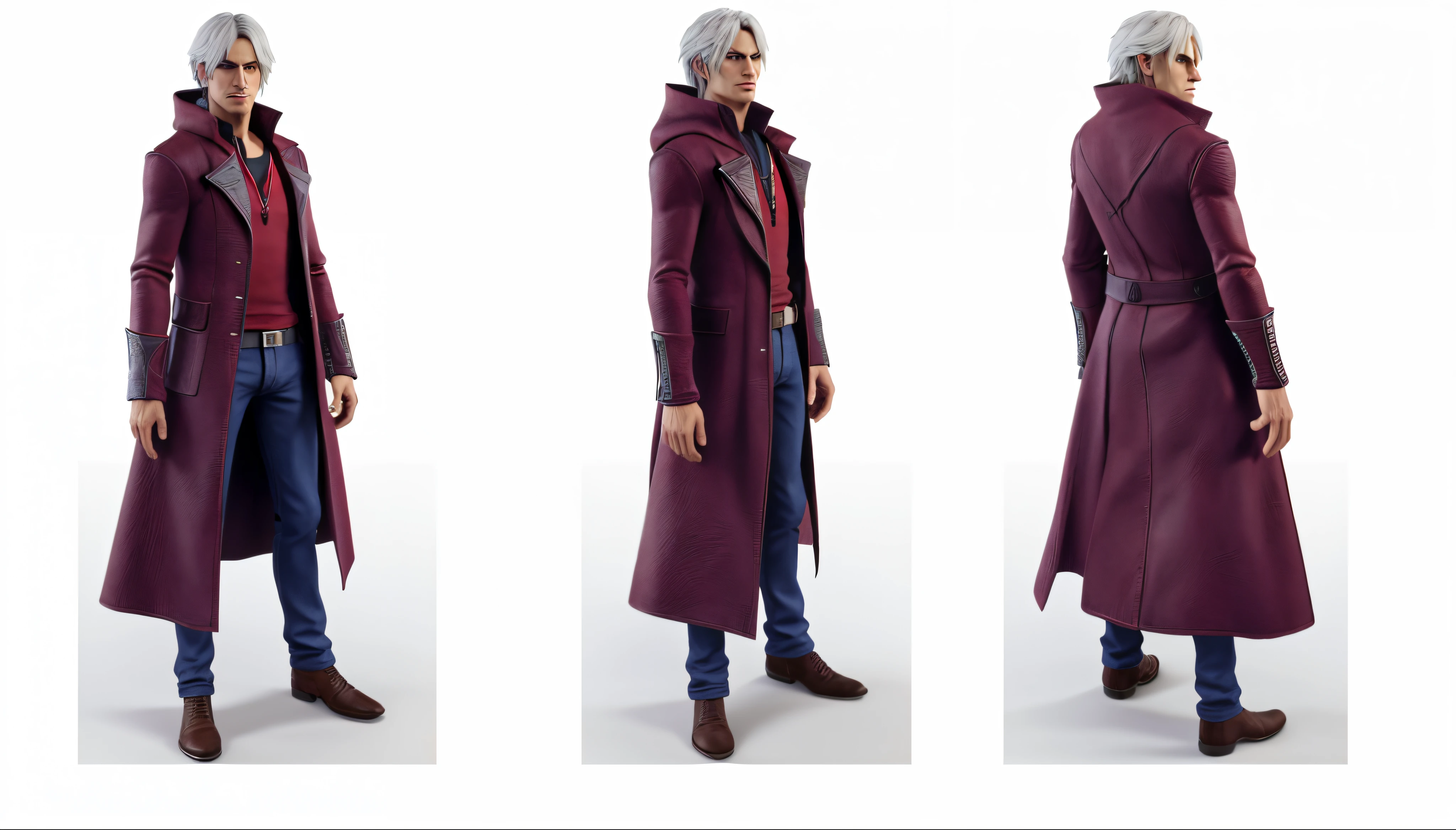 (best quality), (photo-realistic:1) character design sheet, character turnaround, character in different poses, different angles, a close up of a person in a red jacket and black pants, full body black and red longcoat, distant full body view, full body close-up shot, full body with costume, action figure, dante from devil may cry 2 0 0 1, full body shot hyperdetailed, dante from devil may cry, zoomed out full body