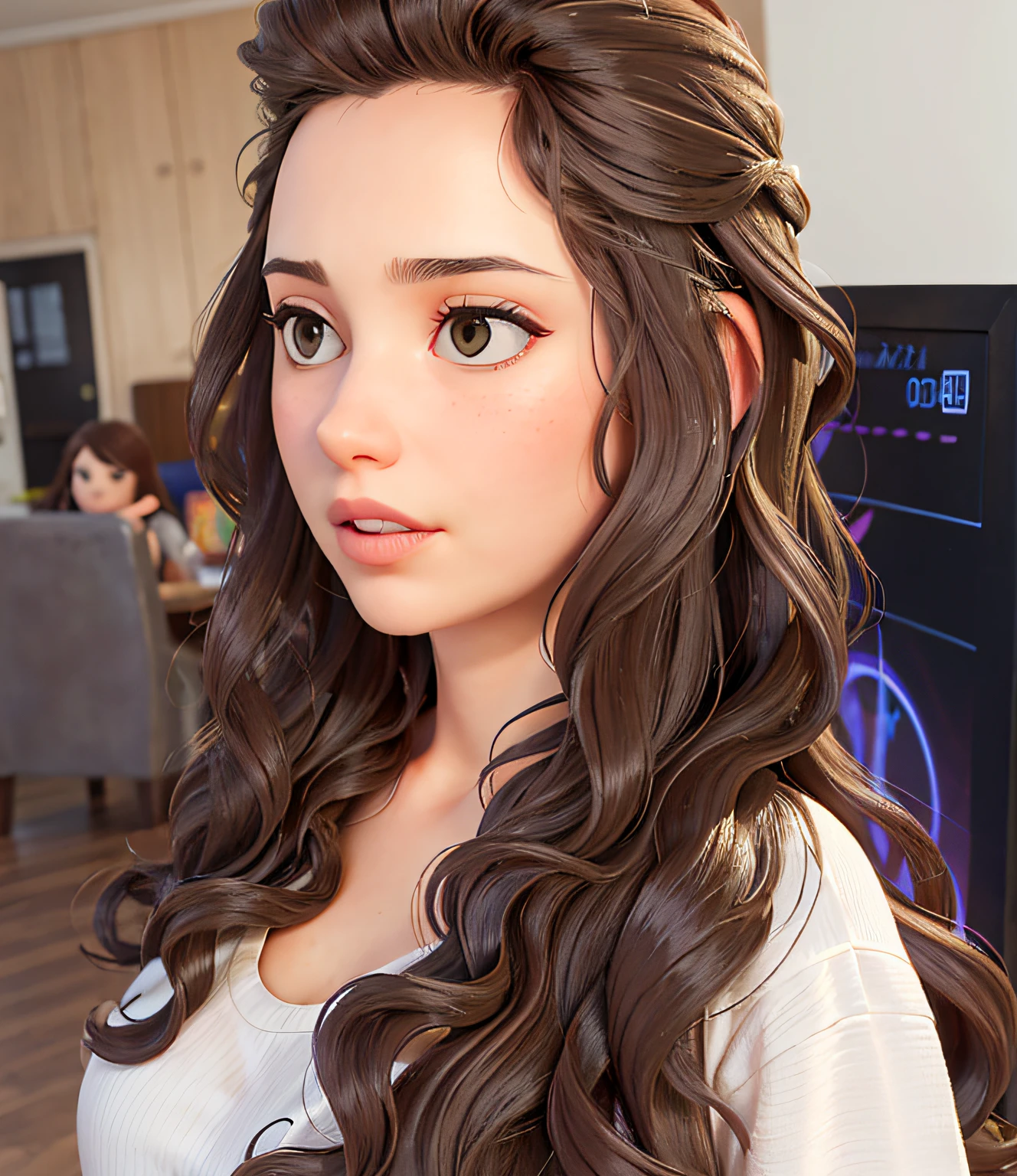 a close up of a woman with long hair and a grey shirt, wavy hairstyle, long wavy brunette hair, long hairstyle, styled hair, long curly brown hair, long flowing brown hair, brown wavy hair, sultry look, wavy shoulder-length hair, long wavy brown hair, long brown wavy hair, brown curly hair, wavy hair, long wavy dark hair