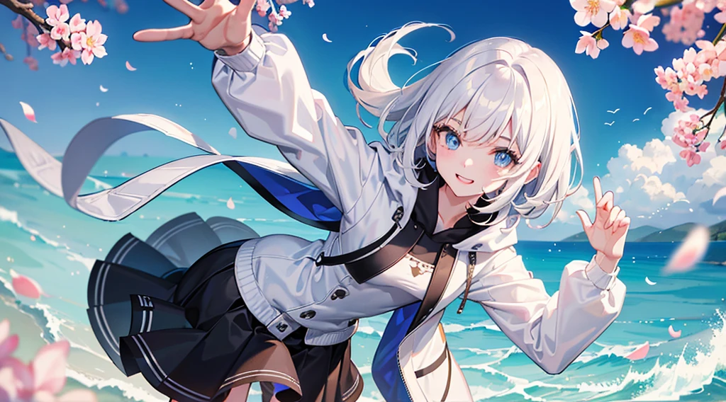 Ultra-high image quality,Look at viewers, hands behind back, girl with, 20 years old, Very short hair, long bangs between eyes, pale blue eyes, Hoodie, Skirt , Extremely detailed,(​masterpiece、top-quality)、report、White hair、A smile、White skin as clear as snow、Fantastical, Silver hair, Black eyes, Beautiful eyes,, ???????, charmed, be smitten with audience, Hoodie, White hoodie,a black skirt,Hair is short,look down from above,(masutepiece, Best Quality:1.1),report, 1girll, Curve,White jacket, Casual style,Open jacket,  Cowboy Shot、report、Fluttering hair、a small face、hason、Bright smile、(parka、white sneaker fingers、Human hand)、(Detailed face) 、(top-quality: 1.4、tmasterpiece、 hyper HD、 Top resolution,、Very detailed、 profetional lighting、 Gray Light Lighting、Sea view,Cherry blossom background,fantastic landscape,Blue sky, Sunlight,