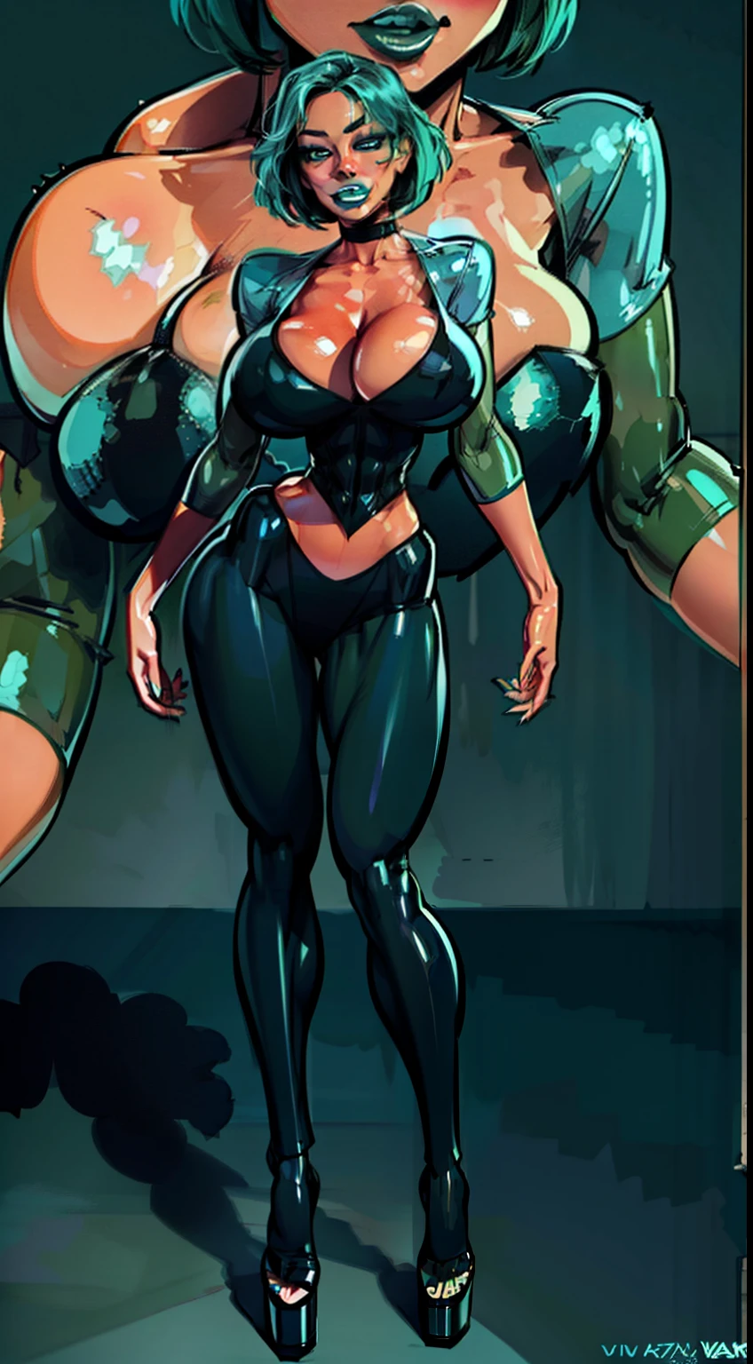 ((gwen)), full body pose, dynamic image, perfect anatomy, perfect composition, detailed face, Toyal drama island, ((detailed face)) , Female in middle of image,(( official art)), concept character, ((teal lipstick)), character design, sketch,doodletits,, sexy lips, (gigantic breasts:1.1), skindentation, ((teal heels)), breasts,black leggings, official illustration, illustration, detailed face, beautiful intricate eyes, curvy milf, 1:2), closeup, titsnipples, hourglass waist, slendered ans, wide hips,