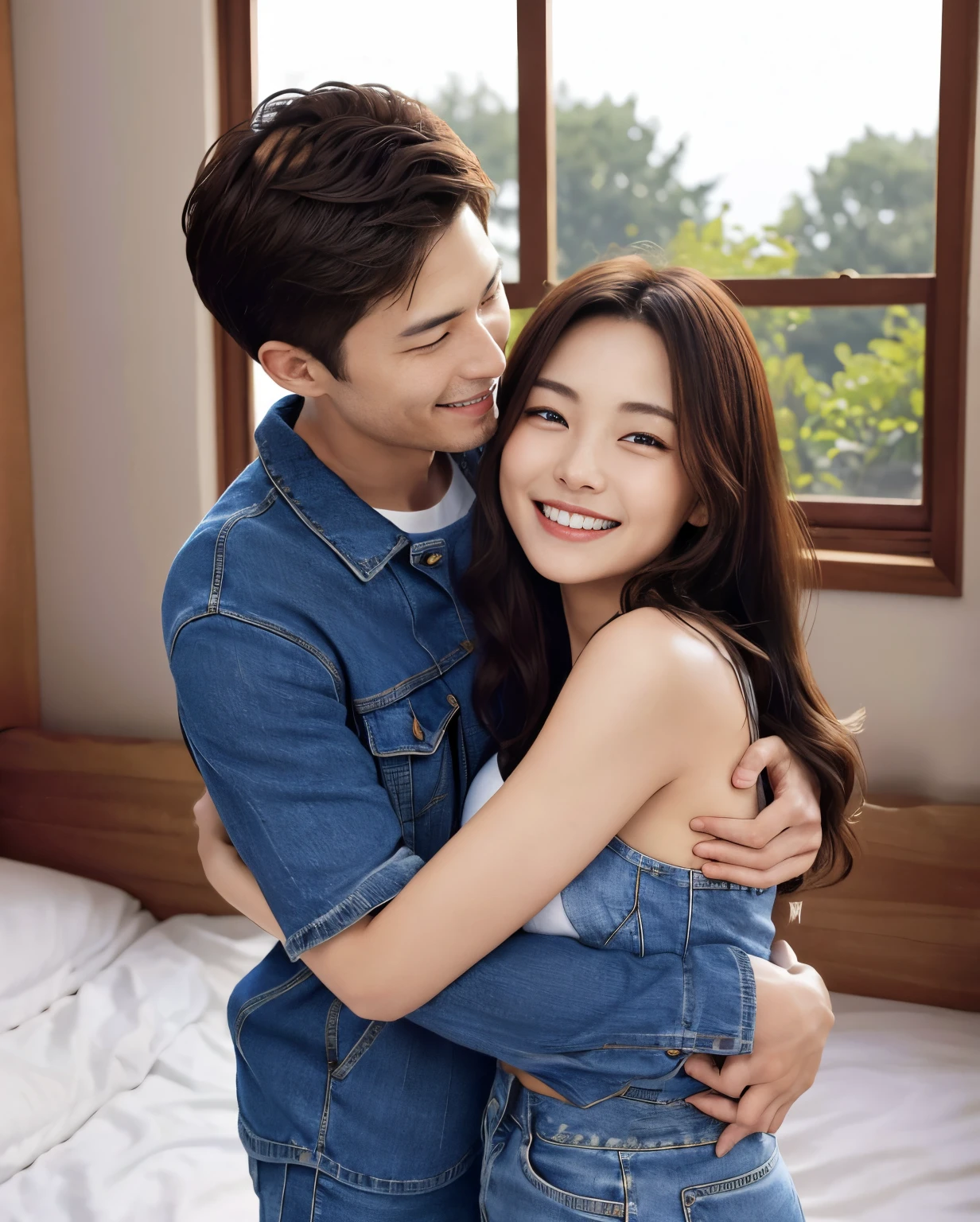 Highest quality、4K quality、A woman in a blouse being hugged by a man、Small face、18-year-old、That woman is slim、Man grabs woman&#39;Tighten your chest、Blouse Front Open