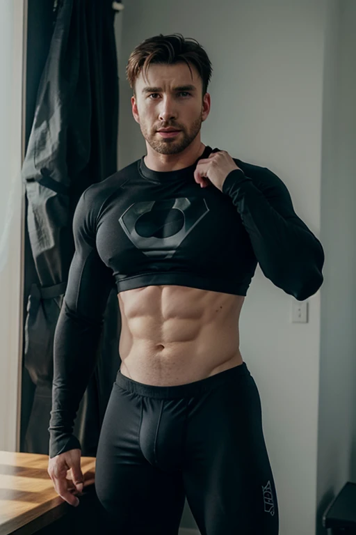 chris evans in a long sleeve black compression shirt, wearing boxershorts, massive buldge