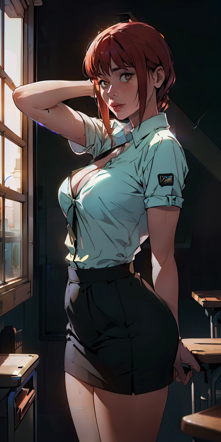 Hyper realistic super detailed sexy Makima, NSFW, Very detailed, expressions faciales sexy, seductive facial expressionace detail: 1.4): 0.4], 16K resolution, 4k resolution, dinamic lighting, High definition resolution, (sexy pose, Position attrayante), (hyper realistic: 1.4), (back light: 1.2), (daylight: 1), (pleine hauteur: 1.8),(contrasting background: 1.5),, (peau propre), (lighting cinematic: 1.7), (intime), (Technologie NVIDIA RTX Ray Tracing), (realistic arm: 2), (Ventre plat parfait), (image couleur), Create a masterpiece in 4K resolution, ultra-realistic, and extremely detailed, featuring a determined Makima student in a classroom. Makima  the central character in the artwork, exuding an air of learning, concentration, and determination.

Makima  dressed appropriately for school, wearing a school uniform or casual attire, depending on the context. See huge cleavage and lingerie.

The environment  a typical classroom, with desks, chalkboards or whiteboards, and educational posters. Light streams in through the windows, creating a studious and warm atmosphere.

Makima  engaged in their work, whether it's taking notes, reading a textbook, or asking a question to their teacher. Their expression  serious and focused, showing their desire to learn and succeed.