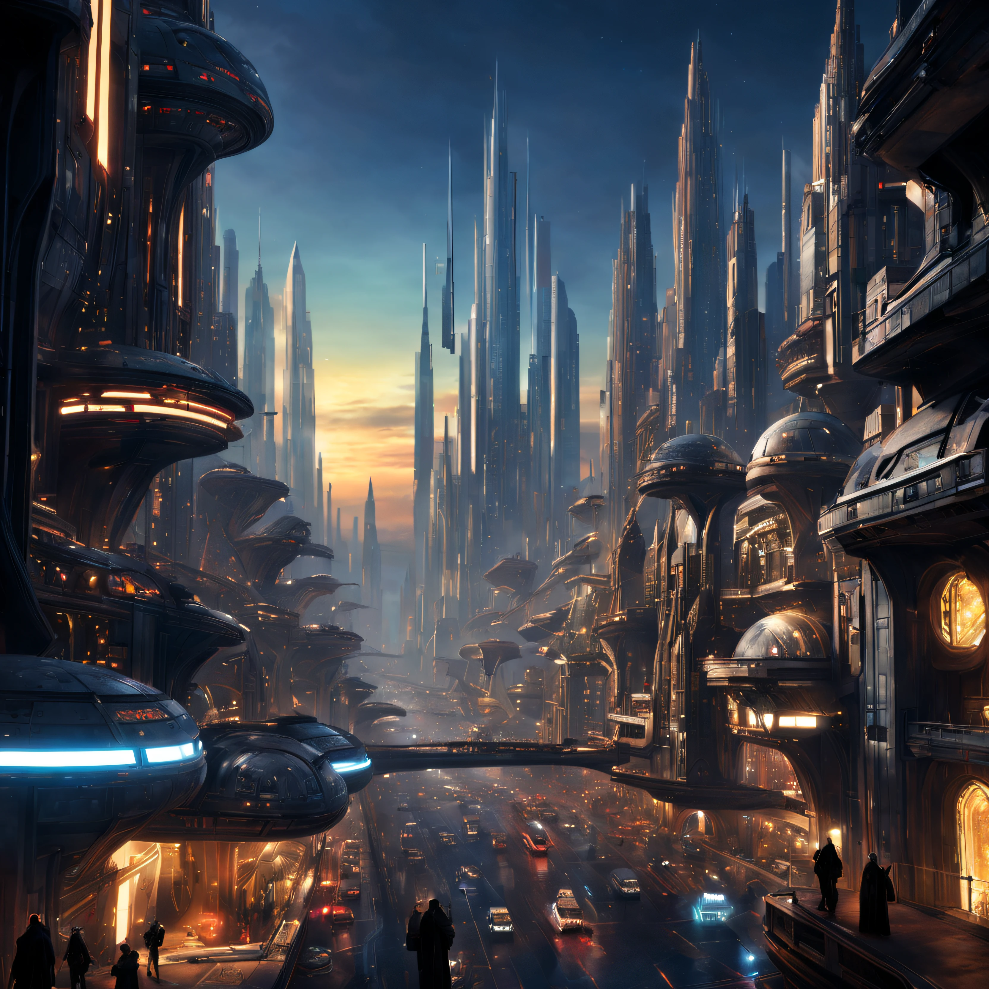 (The city of Coruscant from Star Wars as designed by Doug Chiang), futuristic fantasy city with immense buildings of technological design (que forman una avenida infinita), edificios compactor no difuminados con aspecto metalico, luces en ventanas en edificios, iluminacion diurna con sol, con estructuras acristaladas espectaculares, (con colores vivos). pavimento ensolado (sin brillo). gente paseando. imagen bien definida con muchos edificios juntos. imagen nitida bien definida 8k. los edificios llegan alta el fondo.,8k. imagen cinematografica