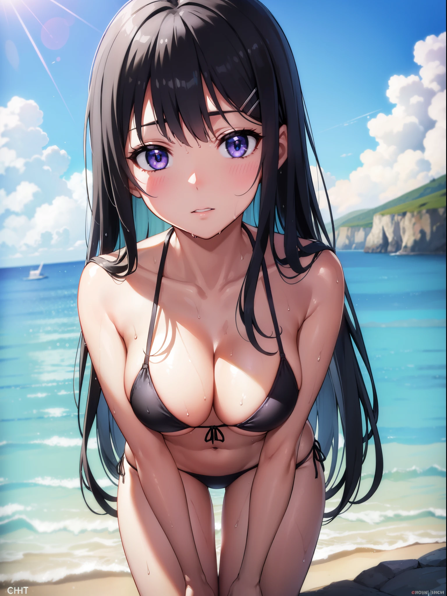 1girl, sakurajima mai, long hair, bangs, (black hair:1.5), hair ornament, (purple eyes:1.1), (hairclip), (blush:1.1),
BREAK (leaning forward:1.3), (Place your hands on your thighs:1.2), (string bikini:1.3), (black bikini:1.3), patternless bikini, medium breasts, Naked, Exposed skin, (Wet skin:1.5), (turn your body to the front:1.5),
BREAK (sea:1.2), (beach:1.1), (solar:1.2), morning,
BREAK looking at viewer, (front view:1.3),
BREAK (masterpiece:1.2), best quality, high resolution, unity 8k wallpaper, (illustration:0.8), (beautiful detailed eyes:1.6), extremely detailed face, perfect lighting, extremely detailed CG, (perfect hands, perfect anatomy)