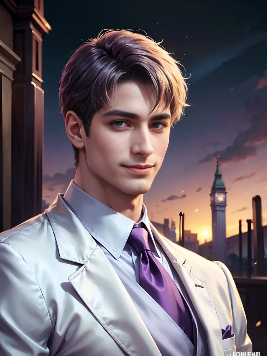 Constantine the Great, the reigning Roman Emperor。1 male。he is wearing a high quality white suit。dark purple tie。Light purple shirt。Looking at you with bright and sharp eyes。kindly smile。An overwhelming sense of control。Venice background in the sunset。