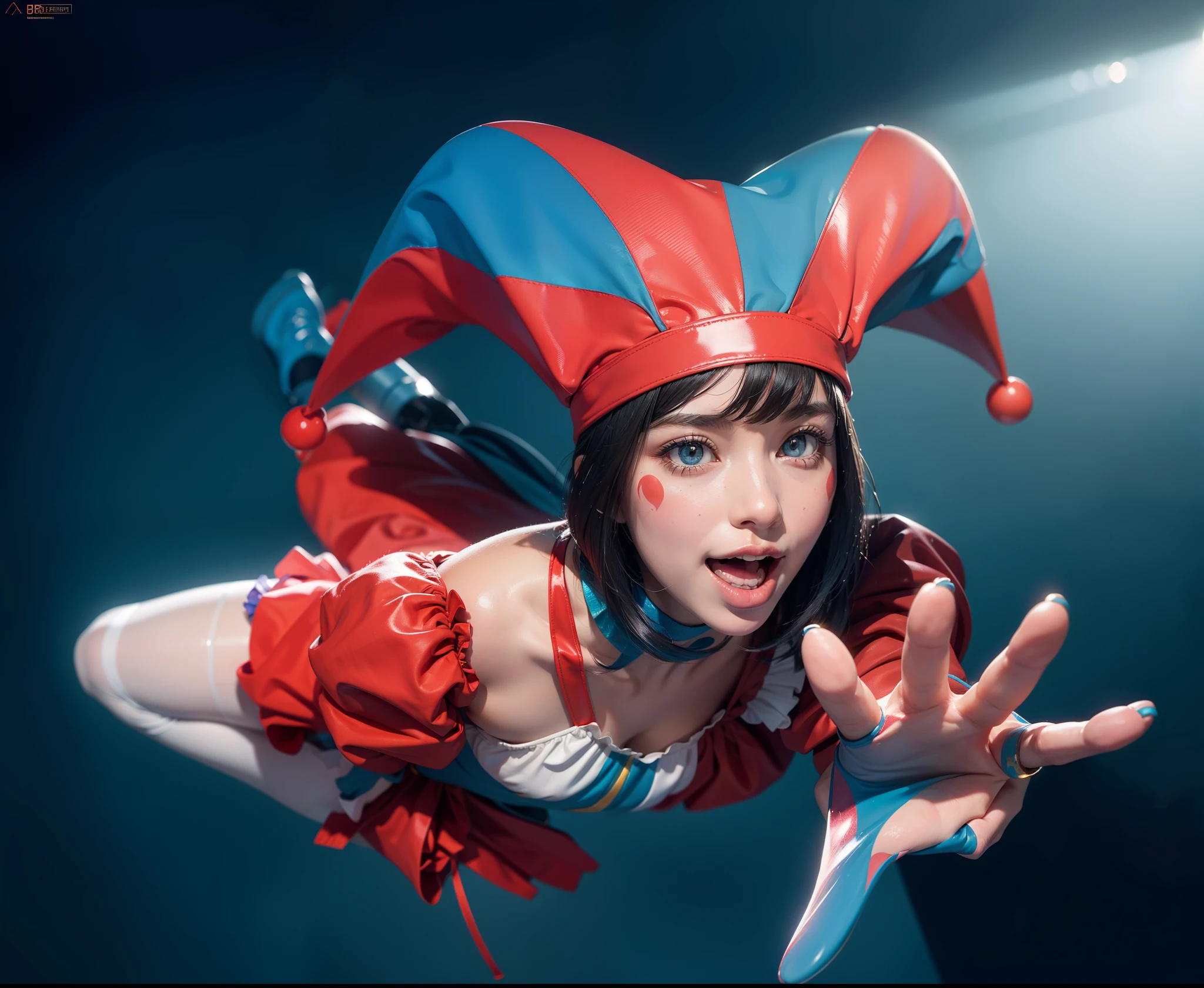 Clown girl with cute, glossy costume in red, blue, yellow, and white. Her outfit shines under the spotlight, reflecting a playful and vibrant atmosphere. Her hair  impeccably styled, with a glossy finish that adds to her charm.

The girl lies gracefully on the floor, striking a pose that captures both elegance and fun. Her facial expression radiates joy and innocence, bringing life to the scene. Her eyes, delicate and detailed, sparkle with excitement. Her lips, beautifully shaped, add a touch of sweetness to her overall appearance.

The image  of the highest quality, ensuring every detail  showcased perfectly. It  in 4k resolution, allowing viewers to immerse themselves in the richness of the colors and intricate details. The realistic rendering brings the clown girl to life,  her feel tangible and present in the artwork.

The background  dark, creating a contrasting backdrop that accentuates the girl's vibrant presence. The subtle rim light highlights the contours of her figure, adding depth and dimension to the composition.

This artwork combines the elements of a clown girl, glossy costume, beautiful hair, laying position, high-resolution image, realistic rendering, dark background, and rim light. The result  a visually captivating piece that captures the essence of joy and whimsy, inviting viewers into a world of enchantment and laughter.