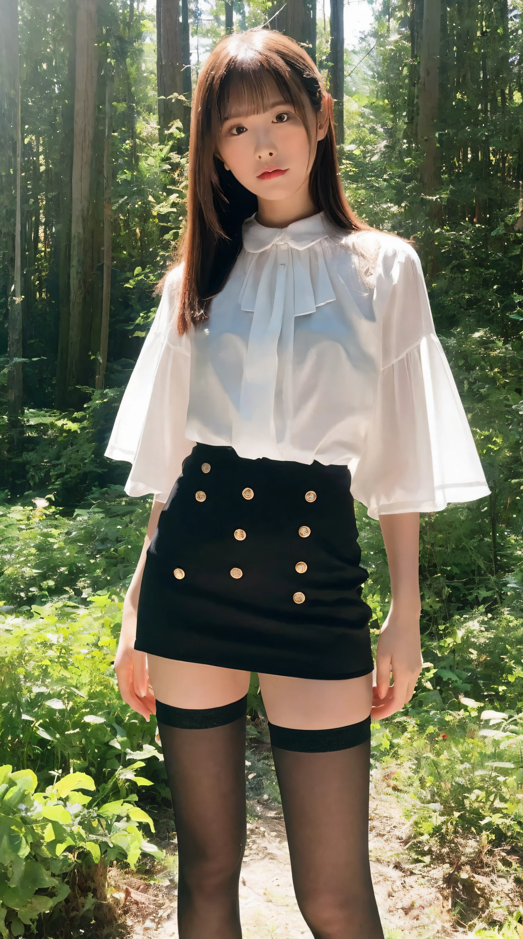 (Best Quality, masutepiece, Ultra HD: 1.3, High brightness, High color saturation), 1girl in, 24 year old,（long beautiful legs:2.0),（Full body figure:2.0）,straight haired, Long hair, （hide one's hands:2.0） See-through white blouse, （Black enamel mini skirt:1.5）,（Black stockings）, (a japanese girl, hposing Gravure Idol), Broad-leaved forest, 135 mm, Fuji Film,