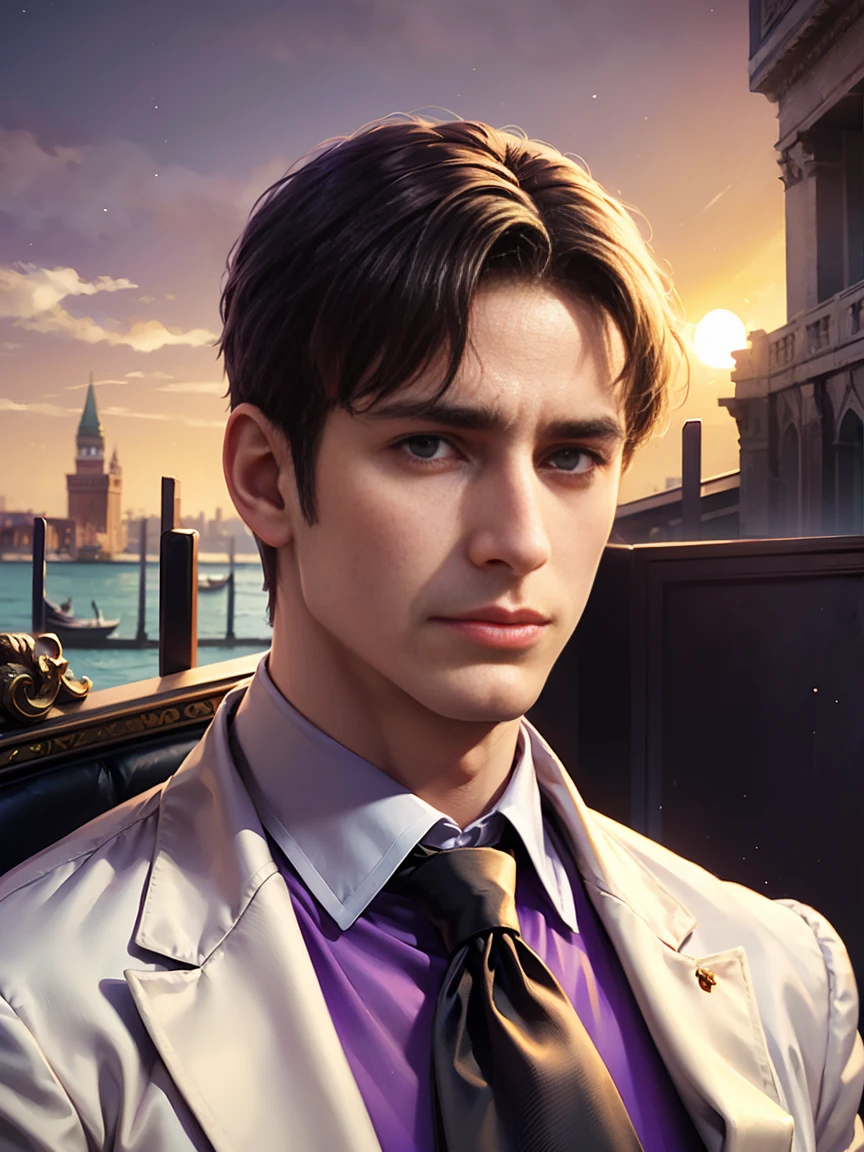 (constantinethegreat) (portrait,realistic) male,white suit,highest quality,sharp eyes,dominant presence,purple tie,purple shirt,overwhelming ruler,background of venice,backlit by the setting sun