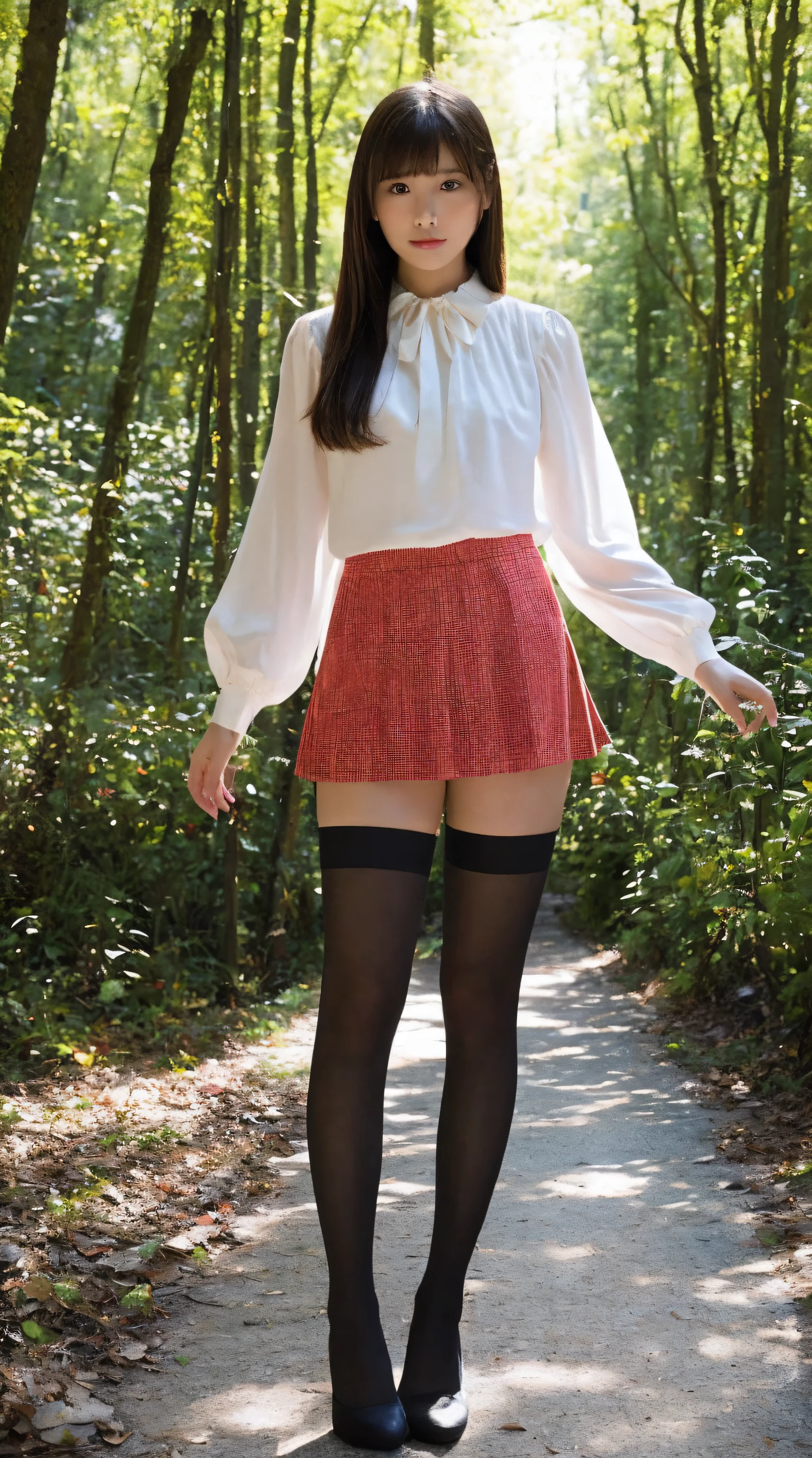 (Best Quality, masutepiece, Ultra HD: 1.3, High brightness, High color saturation), 1girl in, 24 year old,（long beautiful legs:2.0),（Full body figure:2.0）,straight haired, Long hair, （hide one's hands:2.0） See-through white blouse, （Black enamel mini skirt:1.5）,（Black stockings）, (a japanese girl, hposing Gravure Idol), Broad-leaved forest, 135 mm, Fuji Film,