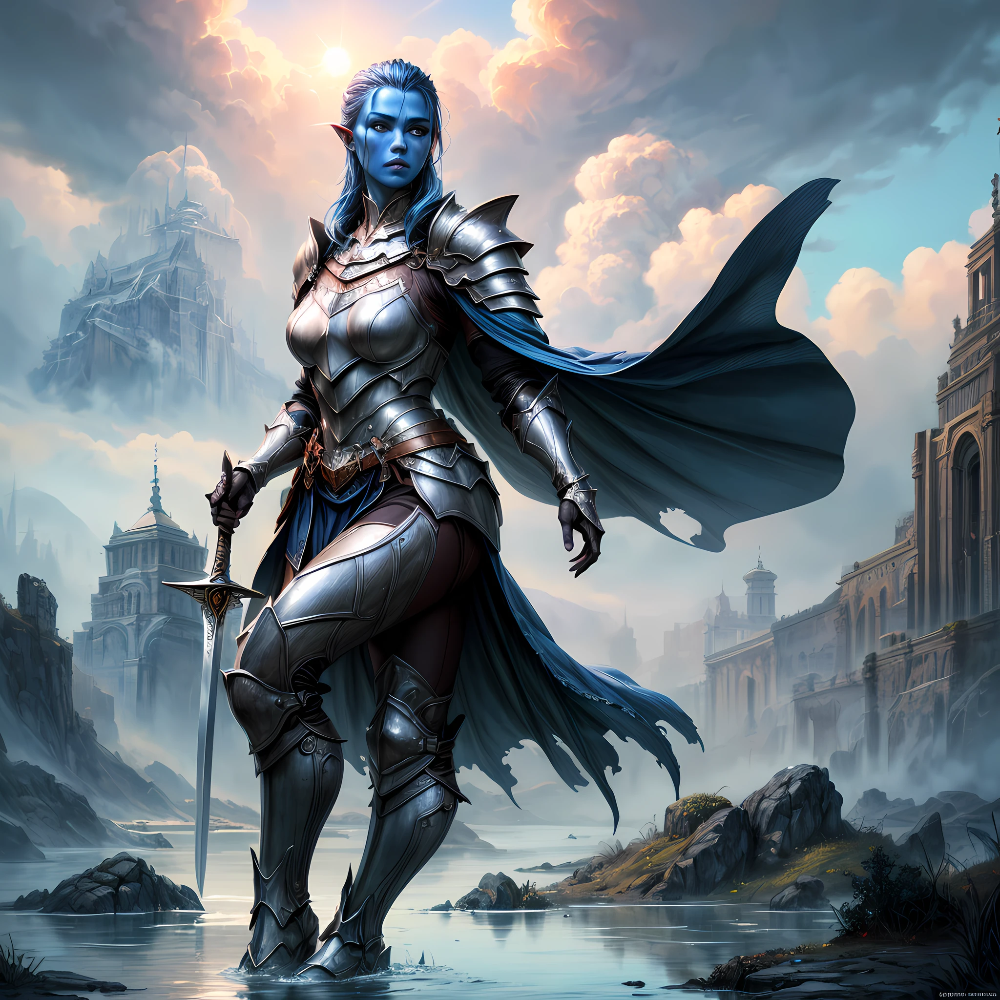 concept art, wide shot, (masterpiece:1.3), full body intense details, highly detailed, photorealistic, best quality, highres, portrait of a  human female (fantasy art, Masterpiece, best quality) (blue skin: 1.3), intense details facial detail fantasy art, Masterpiece, best quality)cleric,  (blue skin: 1.3) (bold head: 1.3), intense green eye, fantasy art, Masterpiece, best quality) armed a fiery sword red fire, wearing heavy white half plate mail armor CM-Beautiful, wearing high heeled laced boots, wearing a white cloak within fantasy temple near river background and sun and clouds, reflection light, high details, best quality, 16k, [ultra detailed], masterpiece, best quality, (extremely detailed), dynamic angle, ultra wide shot, photorealistic, RAW, fantasy art, dnd art, fantasy art, realistic art,