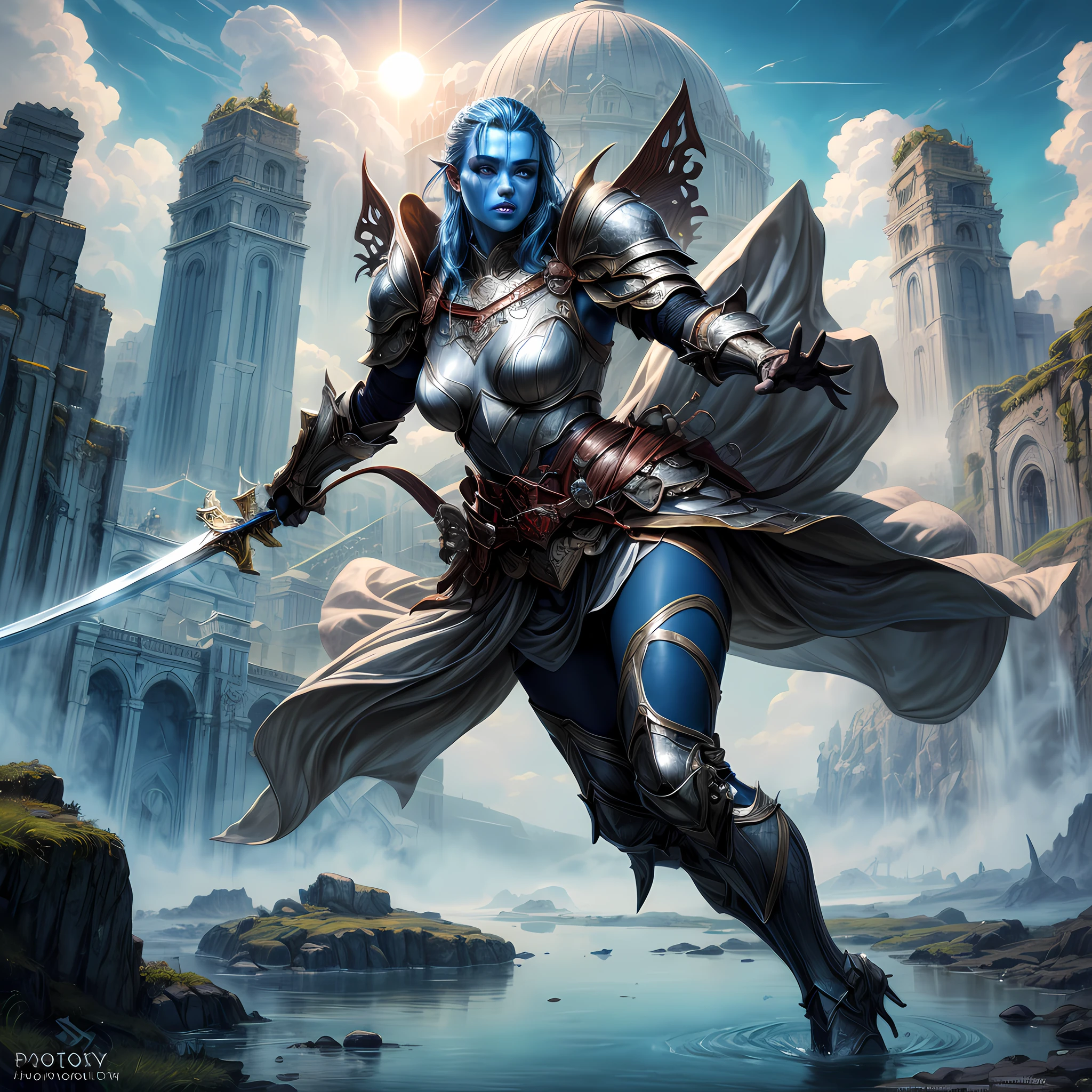 concept art, wide shot, (masterpiece:1.3), full body intense details, highly detailed, photorealistic, best quality, highres, portrait of a  human female (fantasy art, Masterpiece, best quality) (blue skin: 1.3), intense details facial detail fantasy art, Masterpiece, best quality)cleric,  (blue skin: 1.3) (bold head: 1.3), intense green eye, fantasy art, Masterpiece, best quality) armed a fiery sword red fire, wearing heavy white half plate mail armor CM-Beautiful, wearing high heeled laced boots, wearing a white cloak within fantasy temple near river background and sun and clouds, reflection light, high details, best quality, 16k, [ultra detailed], masterpiece, best quality, (extremely detailed), dynamic angle, ultra wide shot, photorealistic, RAW, fantasy art, dnd art, fantasy art, realistic art,