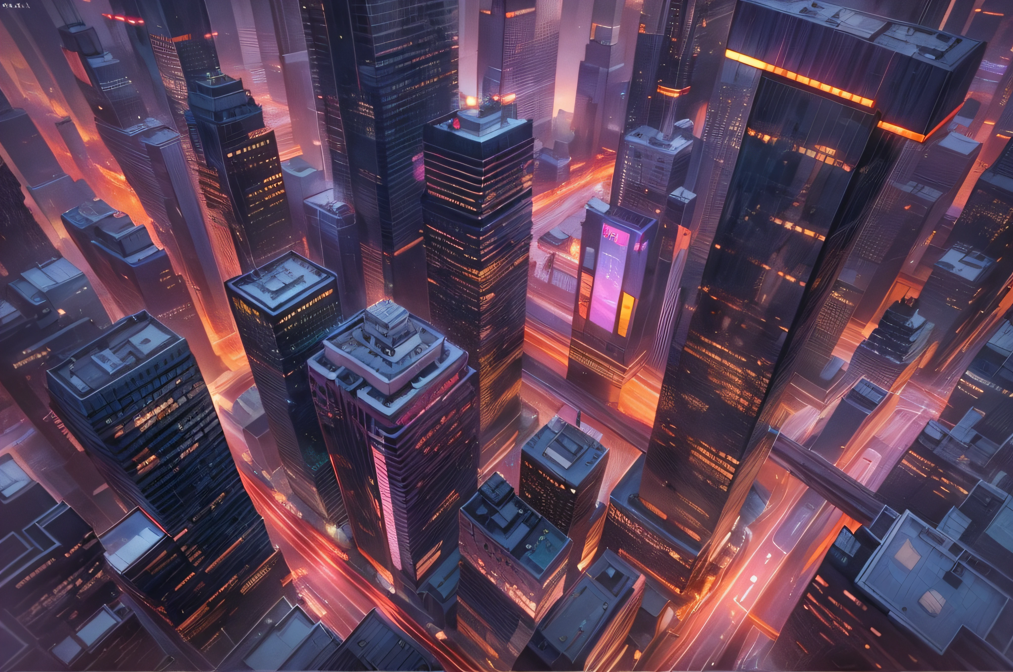 (Best quality at best,4K,8K,A high resolution,tmasterpiece:1.2),ultra - detailed,(actual,realisticlying,Photorealistic:1.37),Busy modern cityscape, Dense skyscrapers, bird's eyes view, Bustling streets, energeticatmosphere, neonlight, Reflection of building on glass window, Pedestrians walking on the sidewalk, Cars driving on busy road, Towering Buildings, Well-designed infrastructure, Future elements, Dynamic energy, flashing city lights,  living, fast paced lifestyle, city symphony, Multicultural, International atmosphere, aerial perspective