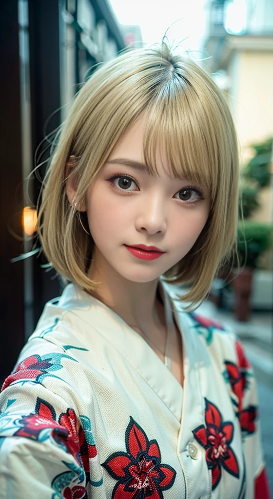 (8K, Raw photo:1.2), Detailed face and eyes,Best Quality, 超A high resolution, Highly detailed ,intricate detailes ,masutepiece ,Cute Girl , Soft cinematic light, Hyper-detailing,Sharp Focus, High quality, Blonde hair, bob cuts, Yukata