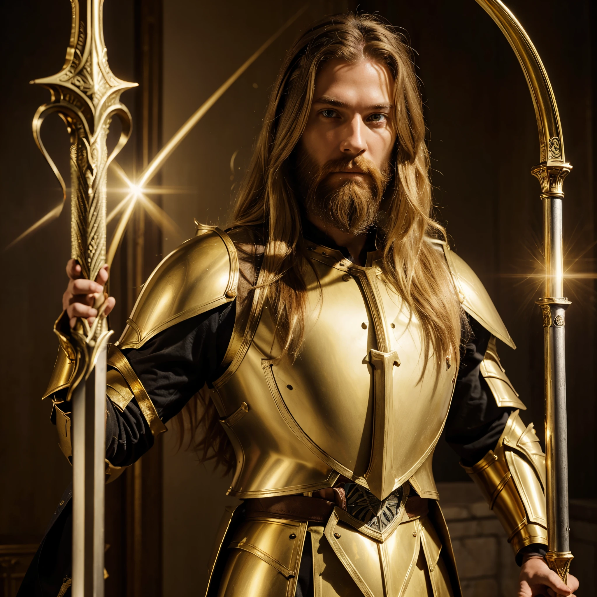 (Man), (long golden hair), (full beard), (golden eyes), ( Golden knight's armor),( holding sword), ( light emanating from his skin).