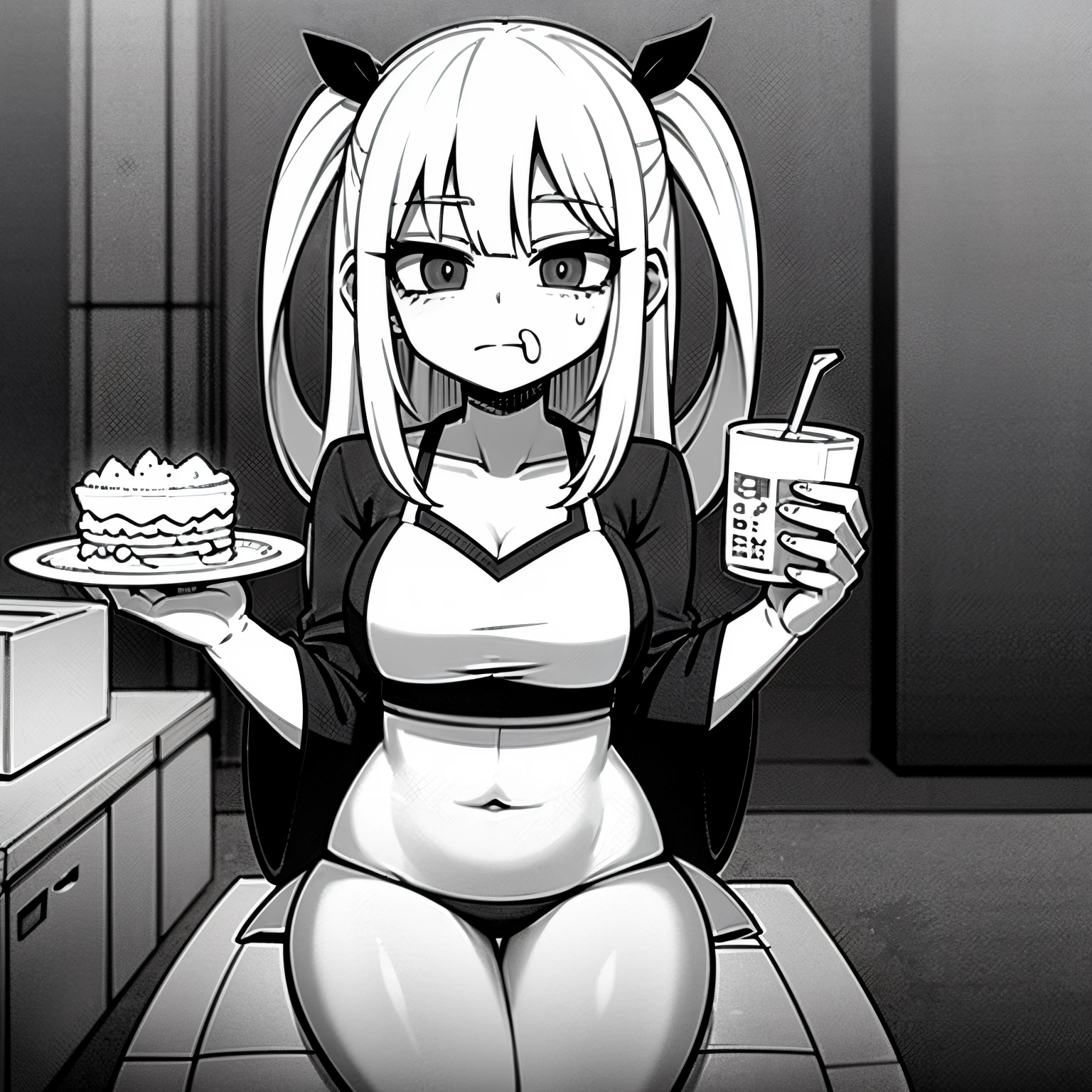 monochromes、A stomach that has eaten food to the limit、Gluttony competition finals at school festival、1000 plates and a pile of food in the background、She's a skinny girl, but her stomach swells after eating food.、full bodyesbian