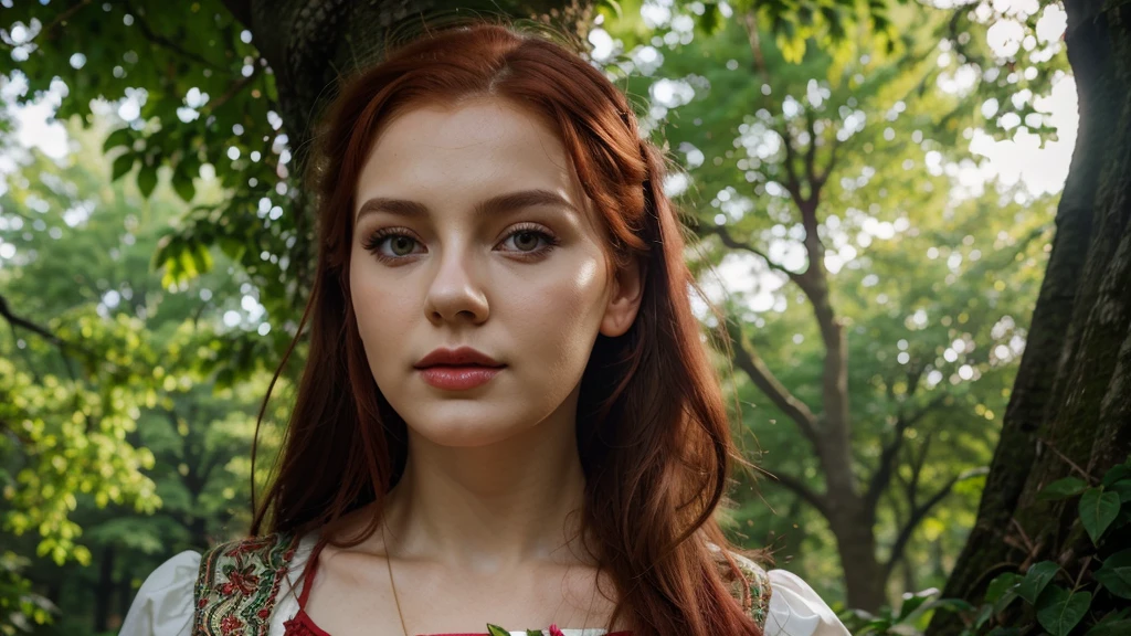 beautiful,slavic woman,young girl ,slavic look,folk clothes,blurry background,red hair,heavy make up,pink lipstick,Polish,4k,ultra realistic,realistic body, realistic face, against the tree, looking up,failing leaves,stranding
