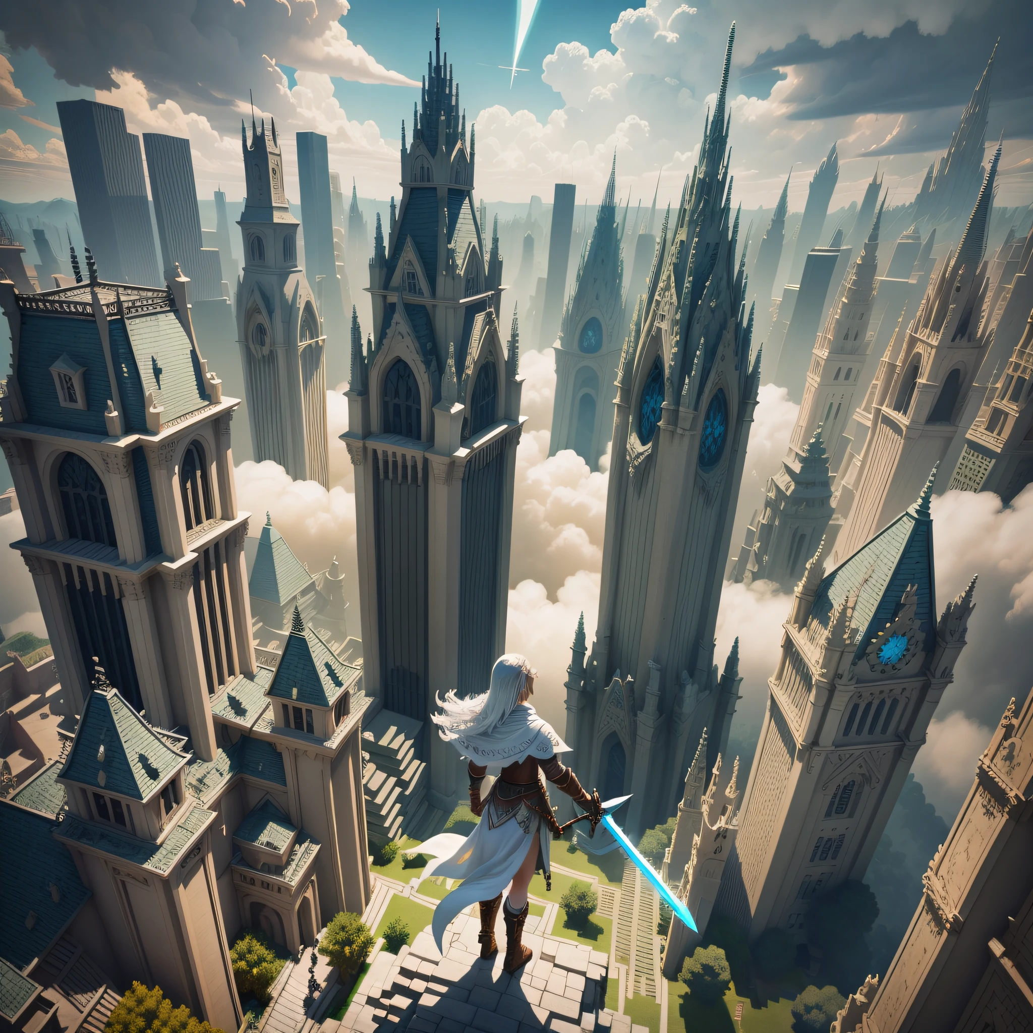Por favor, create a character in Minecraft that gracefully traverses between realms on ethereal clouds, brandishing a sword in hand. Let this vision embody the concept that "Imagination is the most formidable instrument for creating extraordinary kingdoms."