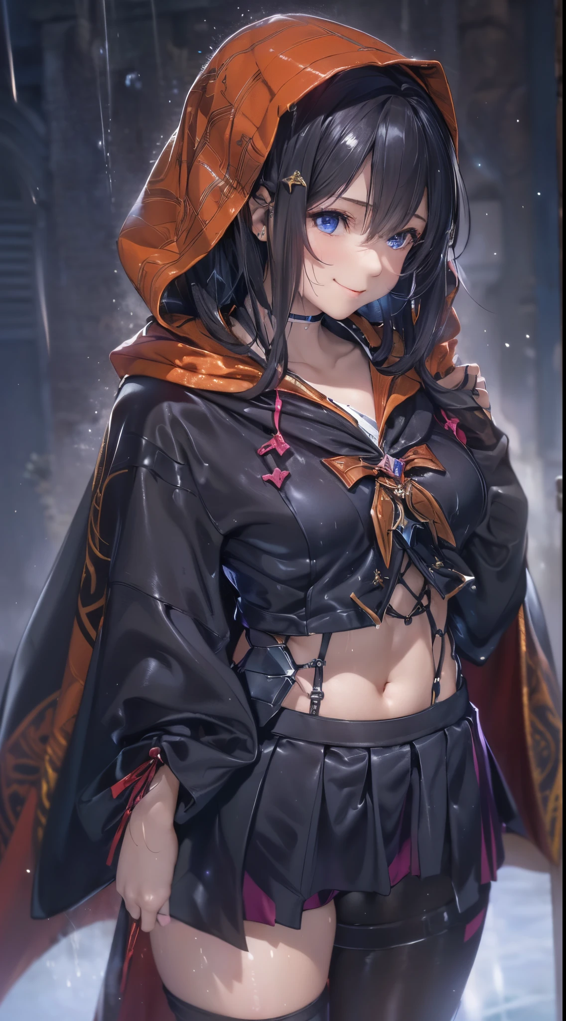 One lady,12year old,(() ,((())), (()), (())((I'm opening my mouth)),((micro skirt, bodysuit and short cloak))(A smile),Wet with sweat,(A dark-haired,),((Fantasy,natta))((Clothes are torn))