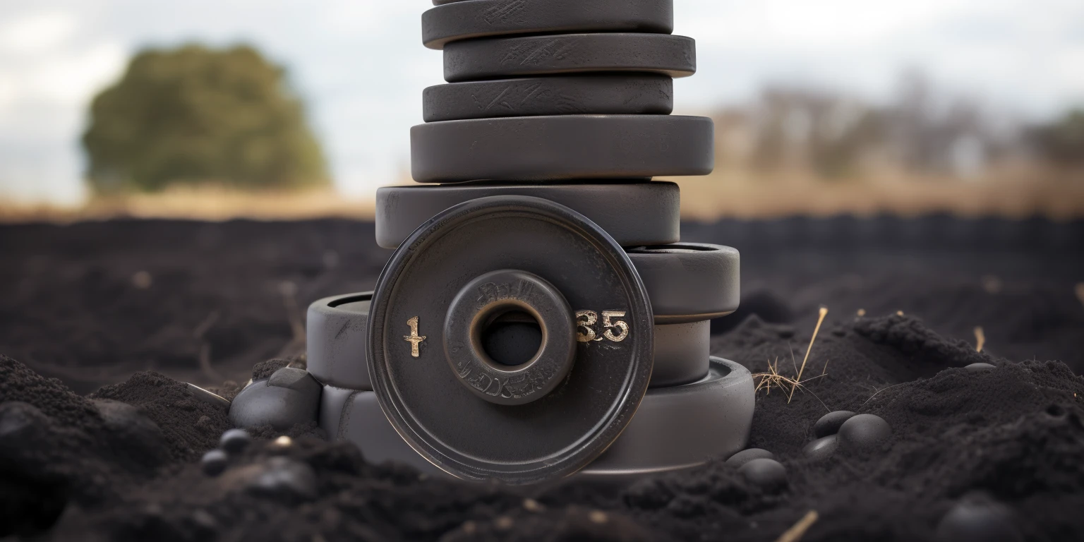 a close up of a stack of black metal weights on a field of black dirt, lifting weights, thick set features, various sizes, stacked, heavy detail, cast iron material, spare, small medium and large elements, bells, 35 mm product photo”, stacked image, rich texture, strong features, strength, pan and plates, strong and imposing, fit, well worn, detailed dirt, high quality soil