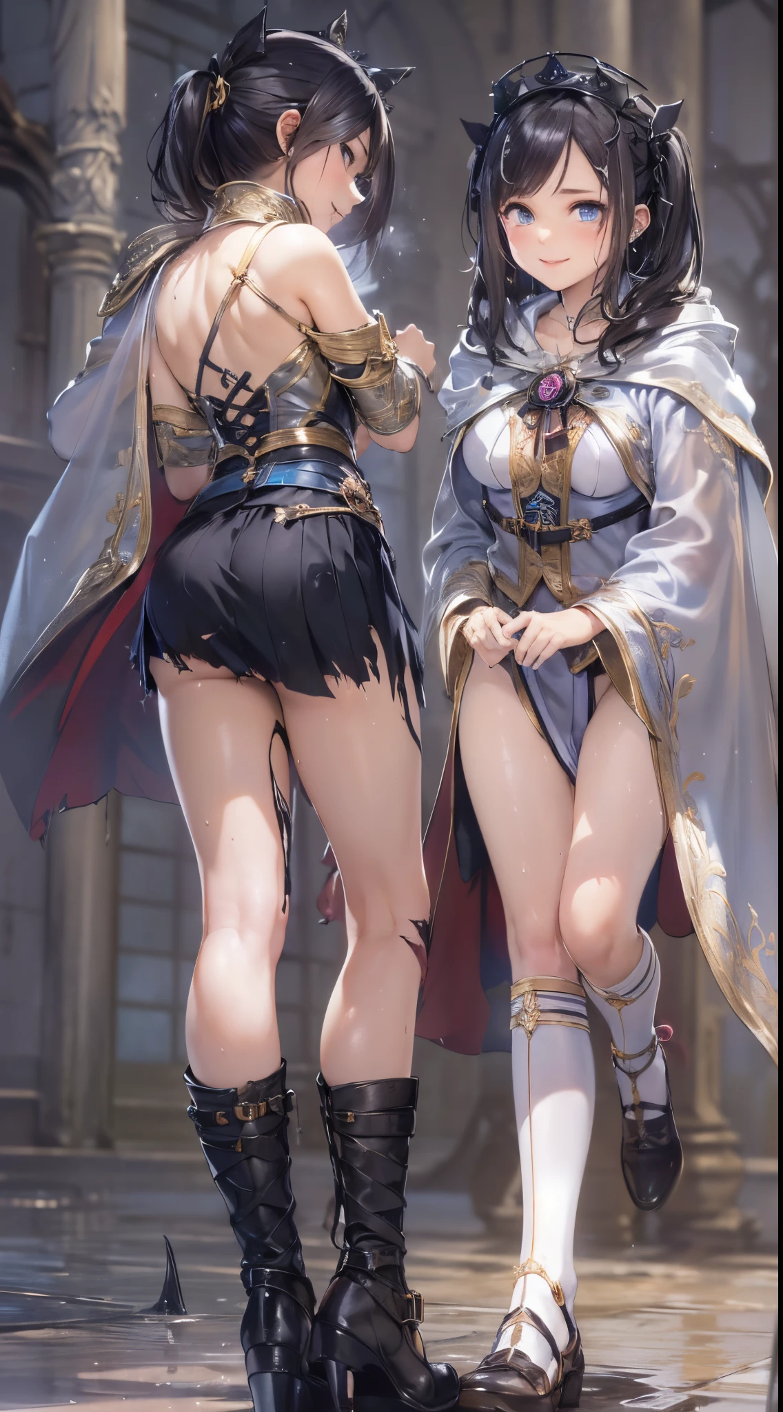 One lady,ar old, ,((())), (()), (())((I'm opening my mouth)),((micro skirt, bodysuit and short cloak))(A smile),Wet with sweat,(A dark-haired,),((Fantasy,natta))((Clothes are torn))