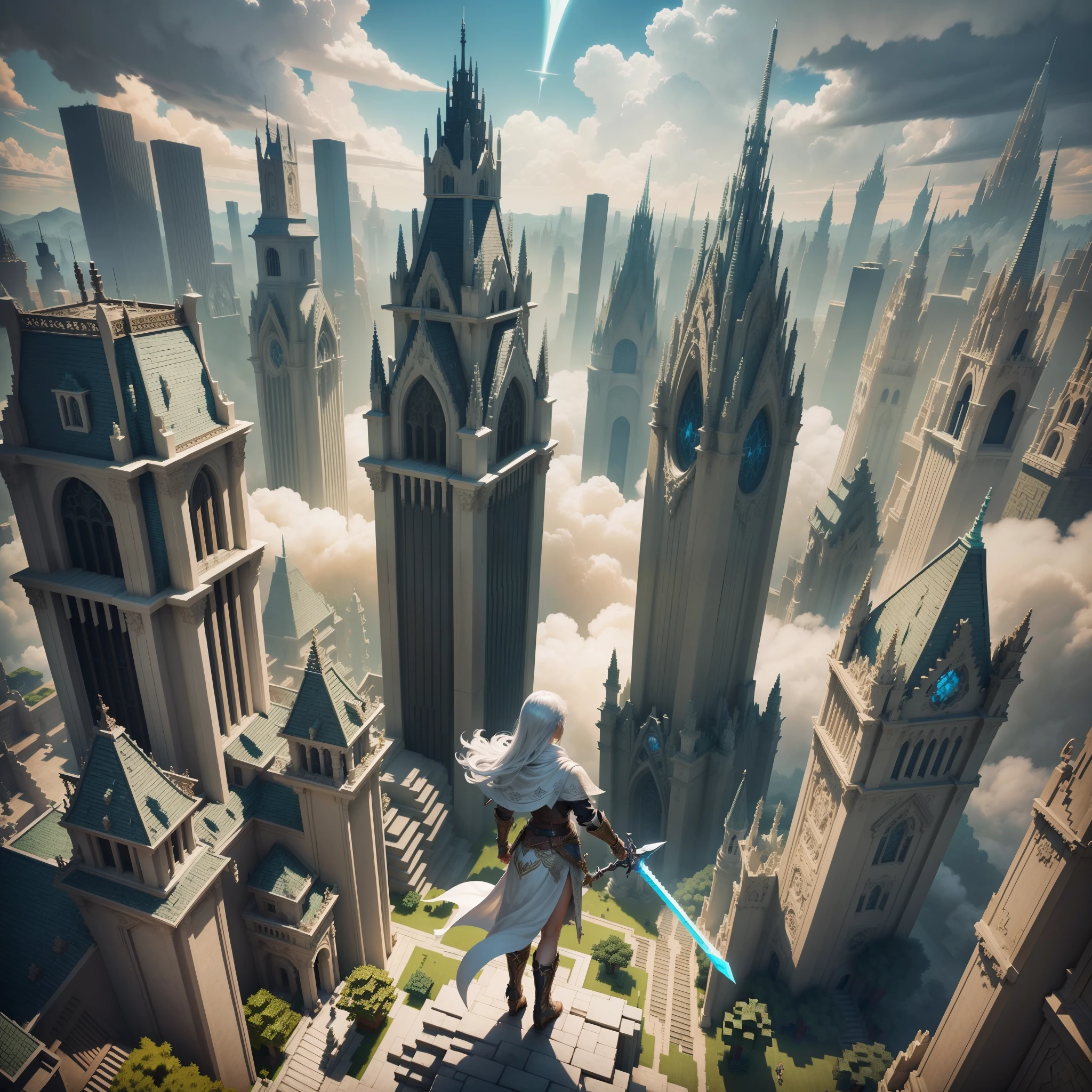 Por favor, create a character in Minecraft that gracefully traverses between realms on ethereal clouds, brandishing a sword in hand. Let this vision embody the concept that "Imagination is the most formidable instrument for creating extraordinary kingdoms."