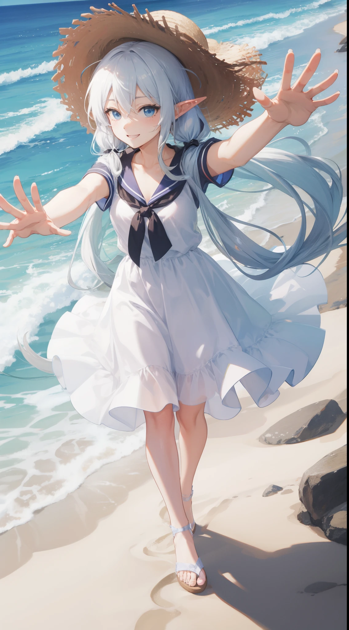 best quality, masterpiece, , ,short, big breasts, white hair,low twintails, blue eyes, yukine chris as elf, thin twintails,, beach, sea, white dress, white skirt, white one-piece, straw hat, (((shy))), (happy), leaning forward, summer, from above, reaching out, smiling, art style by Artgerm, by Kawacy, By Yusuke Murata