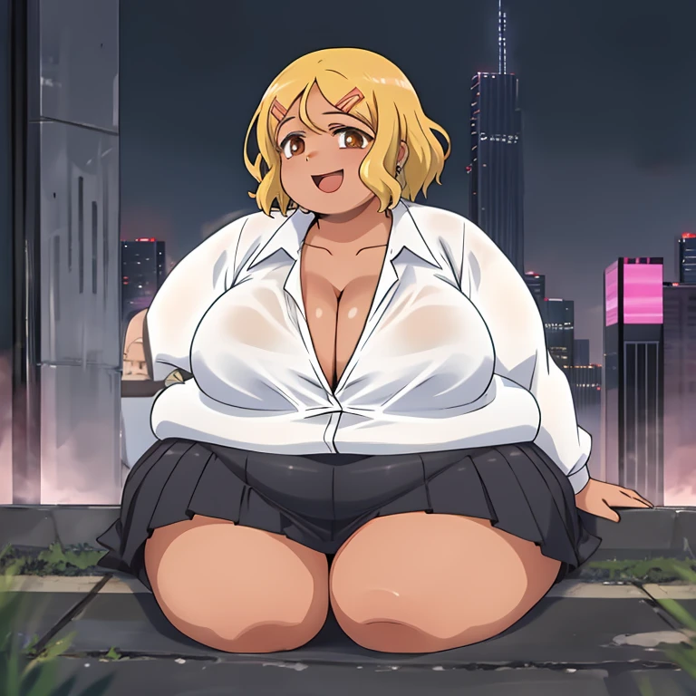 high quality, masterpiece, obese 1girl, solo,sitting, cyberpunk cityscape,night city \(city\), stealth in the city, masterpiece, school girl, white shirt, black paleted skirt, professional artwork, obese body, famous artwork, perfect face,(glowing eyes:1), beautiful face, intense look,Sakura, blonde hair, hair ornament, hairclip, smile, open mouth, brown eyes,dark skin, glowing eyes, ((huge breasts)), show cleavage, open shirt, short hair, background city,looking away from viewer, on your knees with your legs open