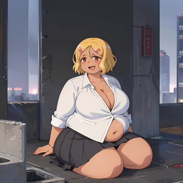 high quality, masterpiece, obese 1girl, solo,sitting, cyberpunk cityscape,night city \(city\), stealth in the city, masterpiece, school girl, white shirt, black paleted skirt, professional artwork, obese body, famous artwork, perfect face,(glowing eyes:1), beautiful face, intense look,Sakura, blonde hair, hair ornament, hairclip, smile, open mouth, brown eyes,dark skin, glowing eyes, ((huge breasts)), show cleavage, open shirt, short hair, background city,looking away from viewer, on your knees with your legs open