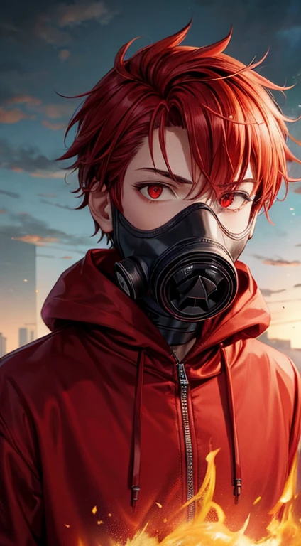 Man wearing gas mask in a red hoodie, red glowing eyes, bloody red hair
