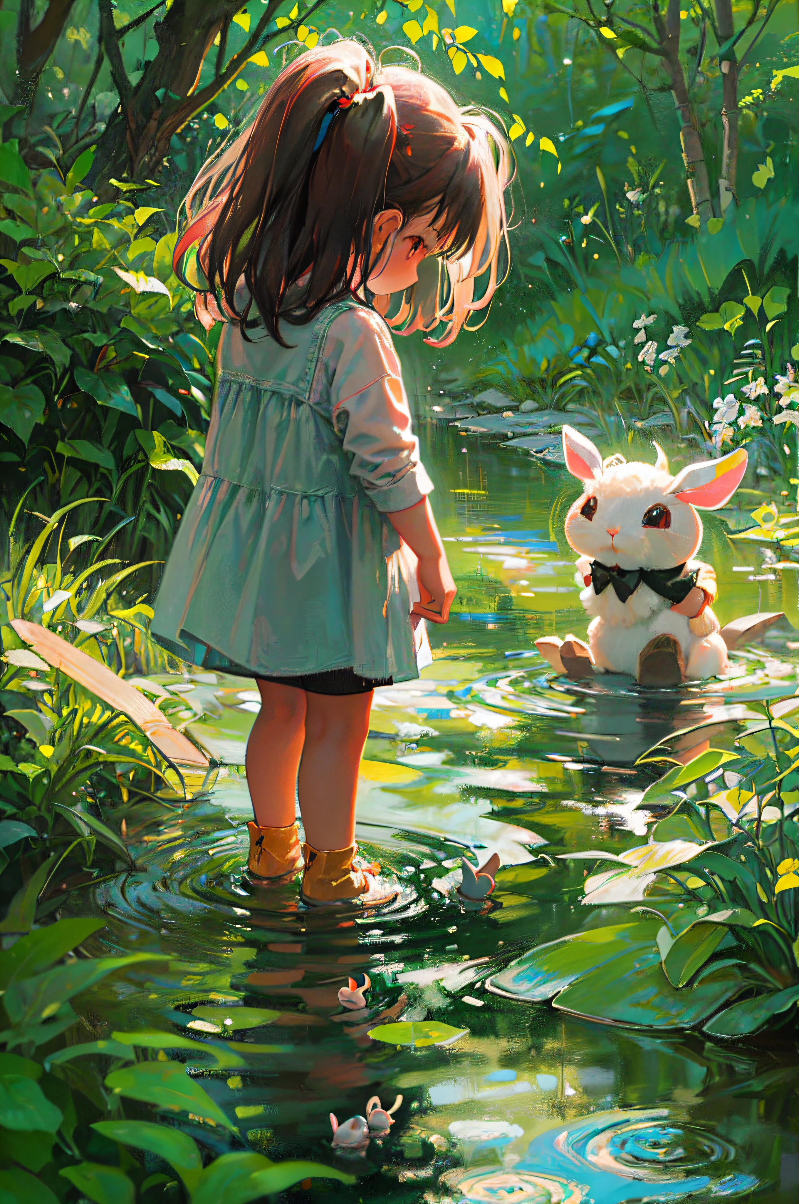 A four-year-old girl playing in the creek with her small bunny(bunny with red eyes white colored huge fentasy with magic) .(4year old girl with short black bob haircut)(contemporary art like a picture book )(flat oil painting)(simplified)(low saturation)(outline in crayon)(many margins)(lesore)