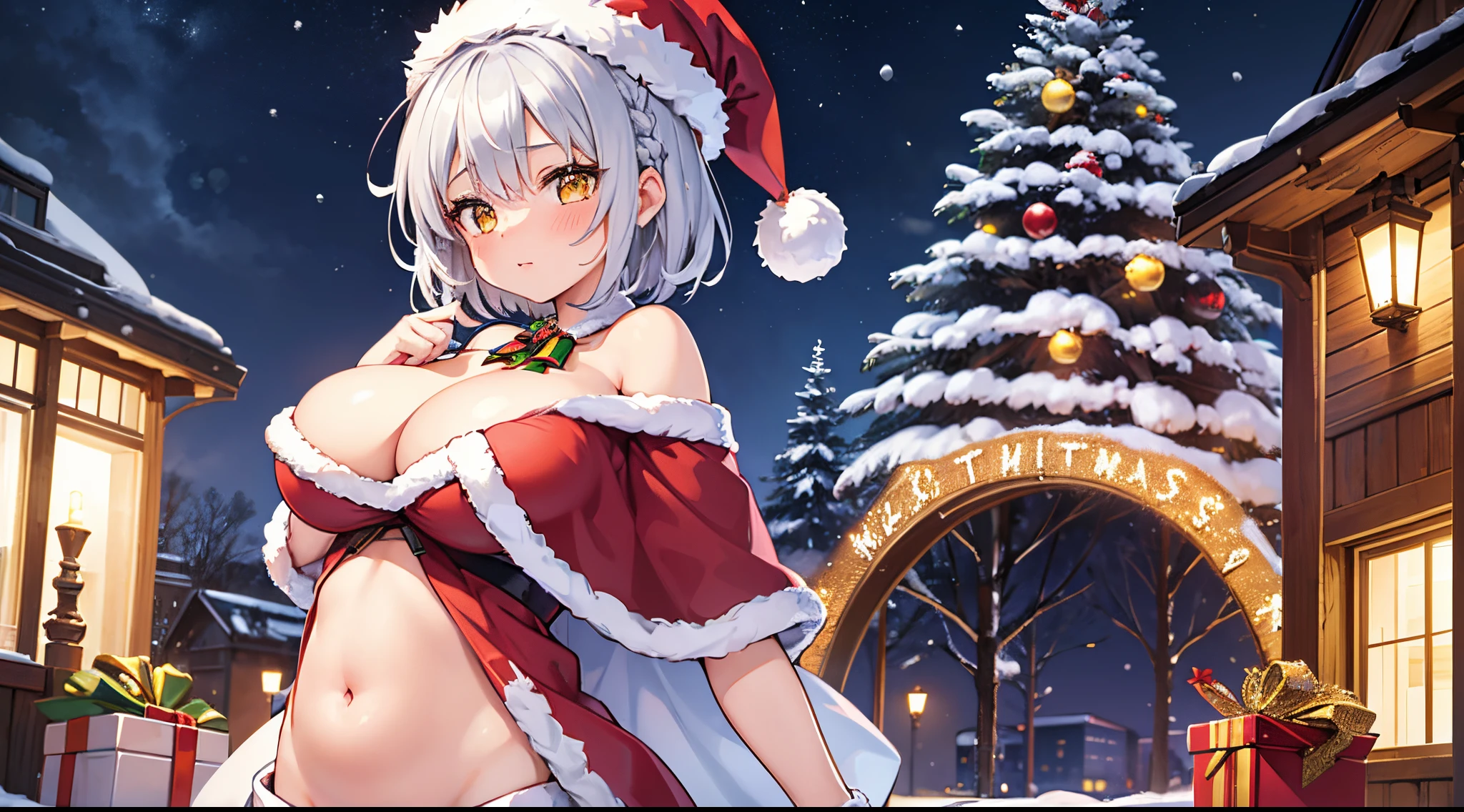 1 girl, game cg, Santa suit, shoulders visible, cleavage visible, belly button visible, Santa hat, gigantic breasts, silver hair, short hair, french braid, yellow eyes, night, Christmas, from the side, Christmas tree, outside, snow ,blush,