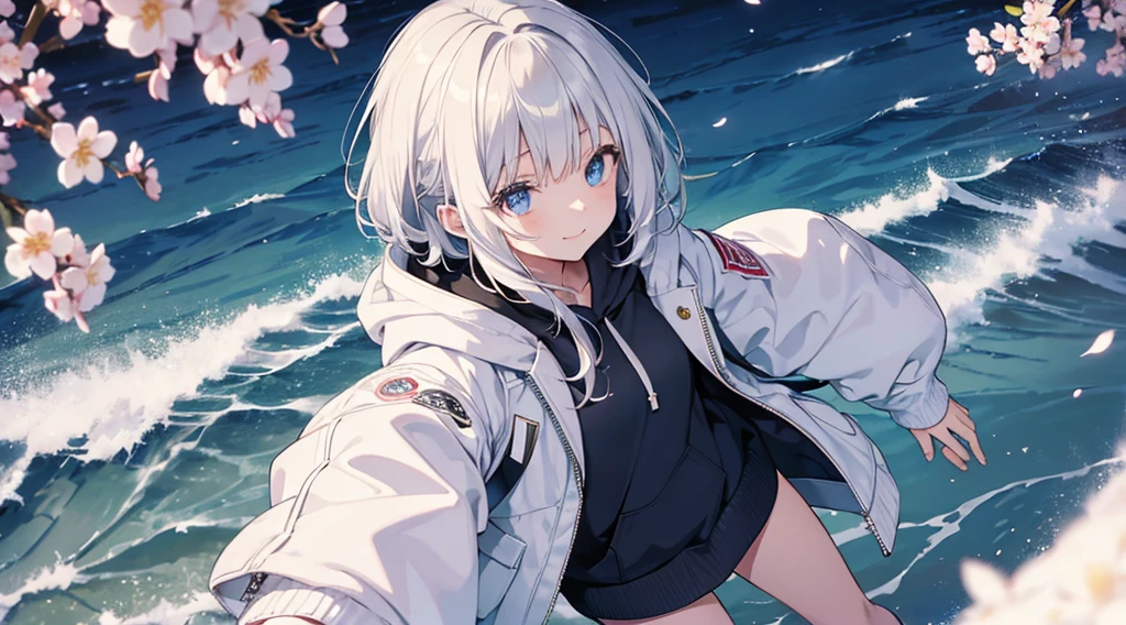 Ultra-high image quality,Look at viewers, hands behind back, girl with, 20 years old, Very short hair, long bangs between eyes, pale blue eyes, Hoodie, Skirt , Extremely detailed,(​masterpiece、top-quality)、report、White hair、A smile、White skin as clear as snow、Fantastical, Silver hair, Black eyes, Beautiful eyes,, Ecstasy, charmed, be smitten with audience, Hoodie, White hoodie,a black skirt,Hair is short,look down from above,(masutepiece, Best Quality:1.1),report, 1girll, Curve,White jacket, Casual style,Open jacket,  Cowboy Shot、report、Fluttering hair、a small face、hason、Bright smile、(parka、white sneaker fingers、Human hand)、(Detailed face) 、(top-quality: 1.4、tmasterpiece、 hyper HD、 Top resolution,、Very detailed、 profetional lighting、 Gray Light Lighting、Sea view,Cherry blossom background,fantastic landscape,Blue sky, Sunlight,look down from above