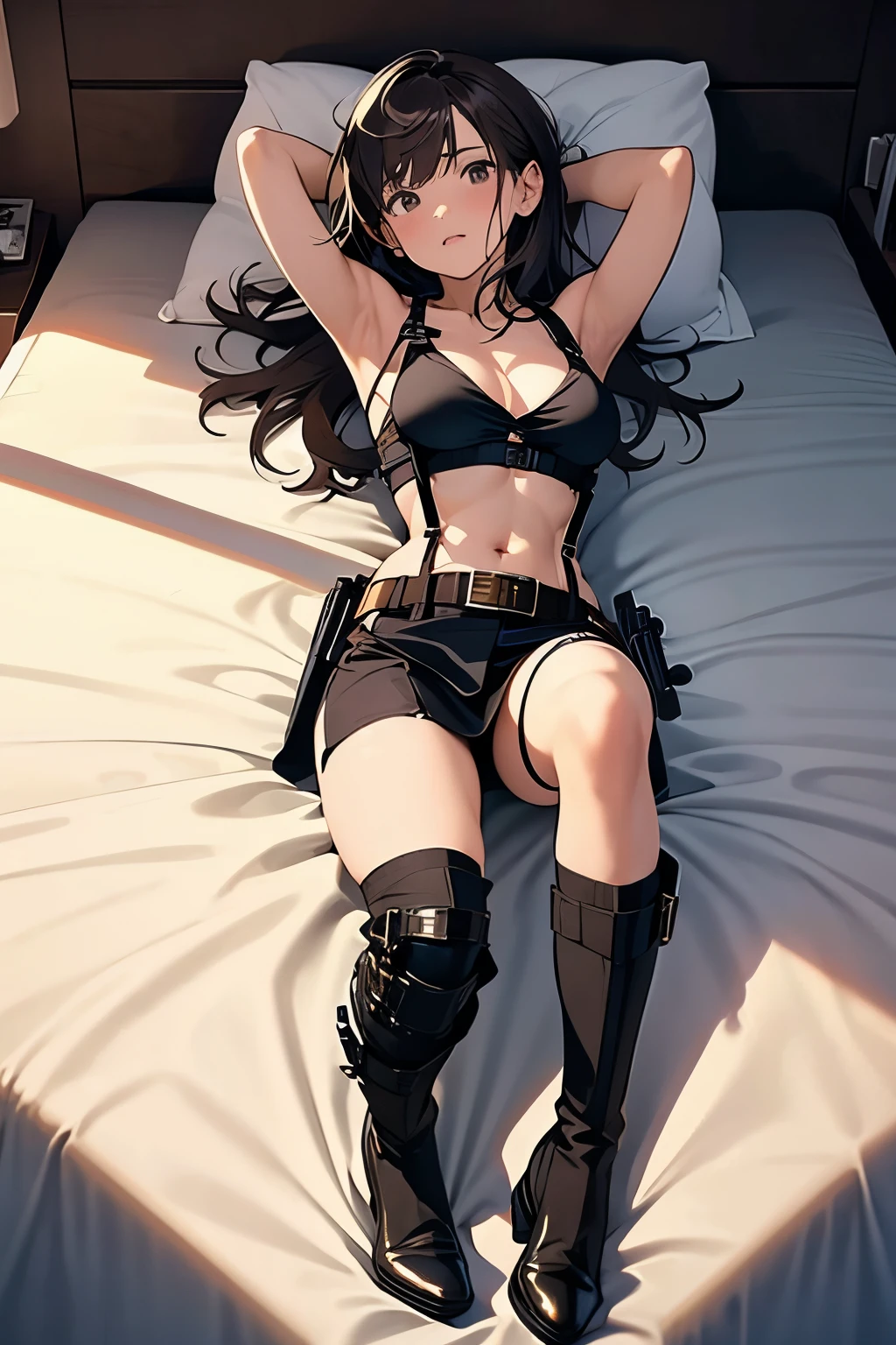 Brown hair、watching at viewers　　　black suspenders　　　Bulging big breasts　　 　 　　　walls: 　Black miniskirt　garters　　　　　　Gaze　　　Small face　bangss 　　　holster　　Belt Armament　Beautuful Women　srestrained　hands up　Lying in bed　Leg holster lying on the bed　　Gaze 　black boots upskirt tank top