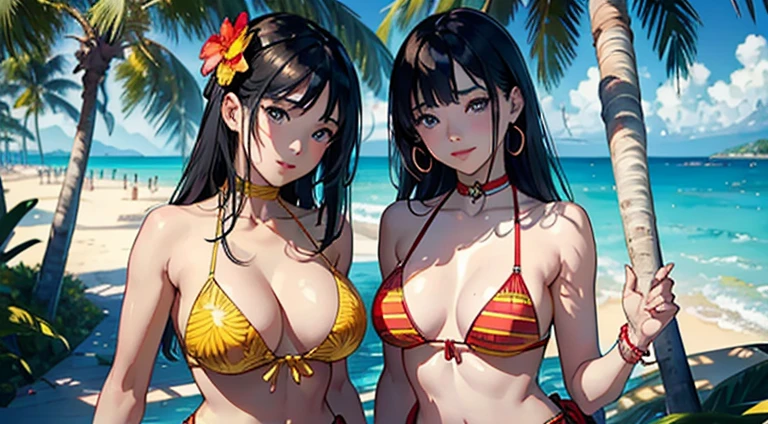 ​masterpiece、top-quality、超A high resolution、 [ 4 k digital art ]!!、 8k high quality detailed art、Wallpaper、 Detailed Digital Anime Art、Realisticity、Cinema Angle、hposing Gravure Idol、(((Two beautiful girls)))、(Put your hands on your shoulders)、cute  face、 ((Detailed depiction of a beautiful face))、kindly smile、年轻、Bikini swimwear、Photorealistic perfect body、(Bold ethnic patterns wrapped around the waist and skirt and plenty of primary colors)、light Particle、llight rays、Tropical、With each side of palm trees in the background、on a sunny beach、Against the background of the sea、blur backgroun、