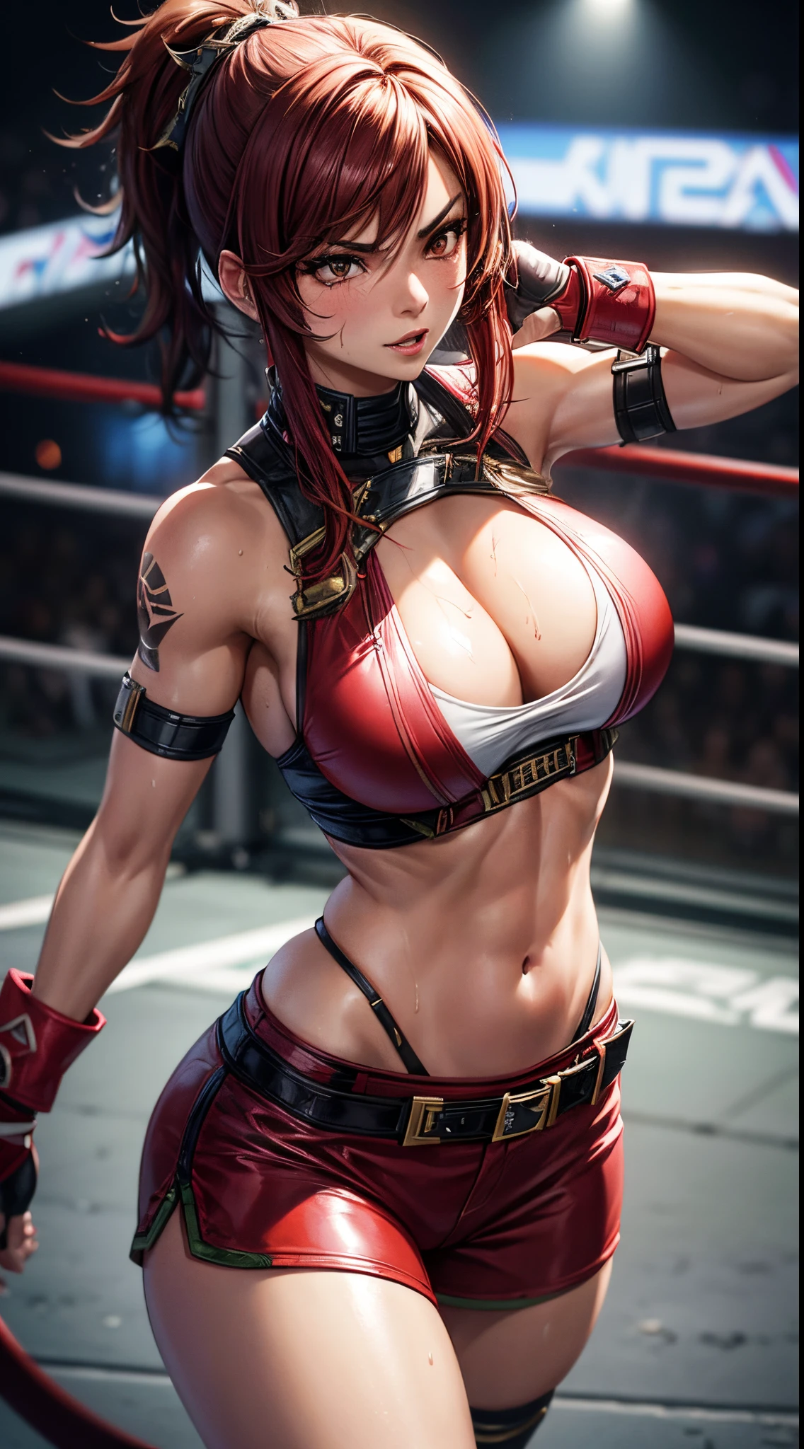 Katarina Alves, Tekken 7, on the fighting ring, big breast, midriff, wet body, detailed face, detailed body render, high quality, highres, highly detailed, girl, solo, sexy, blush