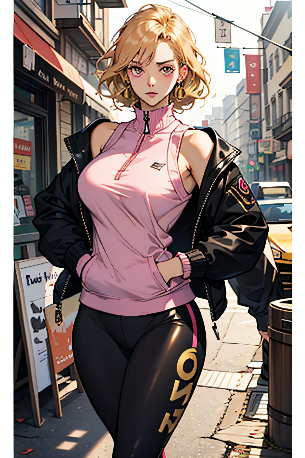 (masutepiece, Best Quality),1girl in, build something amazing, masterpiece of best quality, ( Wearing fleece jacket yoga pants ), Diva, Average Height, Firm, Round face, Olive skin, honey blonde hair, Pink eyes, long snout, Pouty lips, sharp chin, shoulder-length hair, Wavy Hair, french braids, enhanced chest, huggie earrings, golden metallic lipstick, Neo-conceptualism, power, ripples