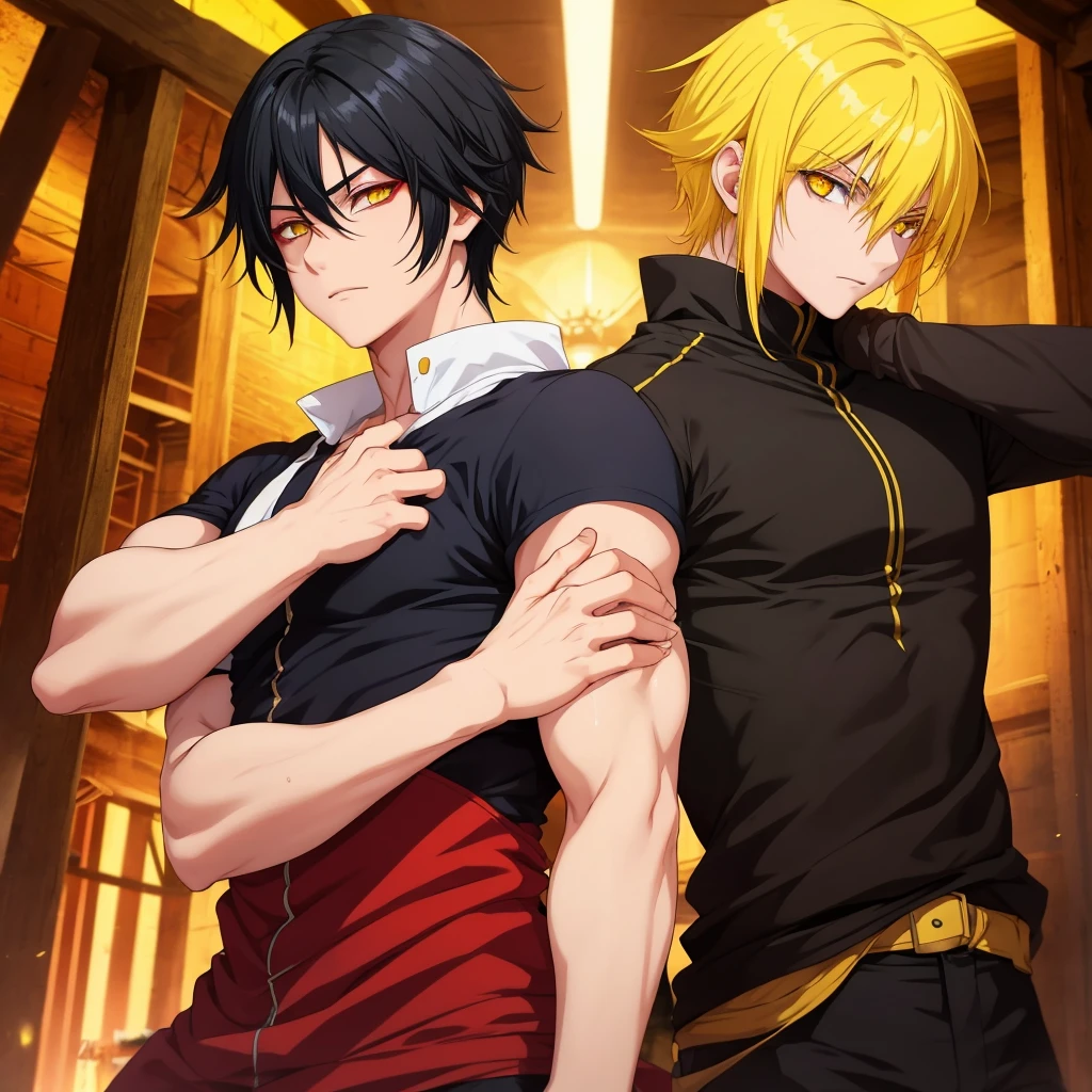 Two boys, one with yellow eyes and black hair, the other with yellow hair and red eyes