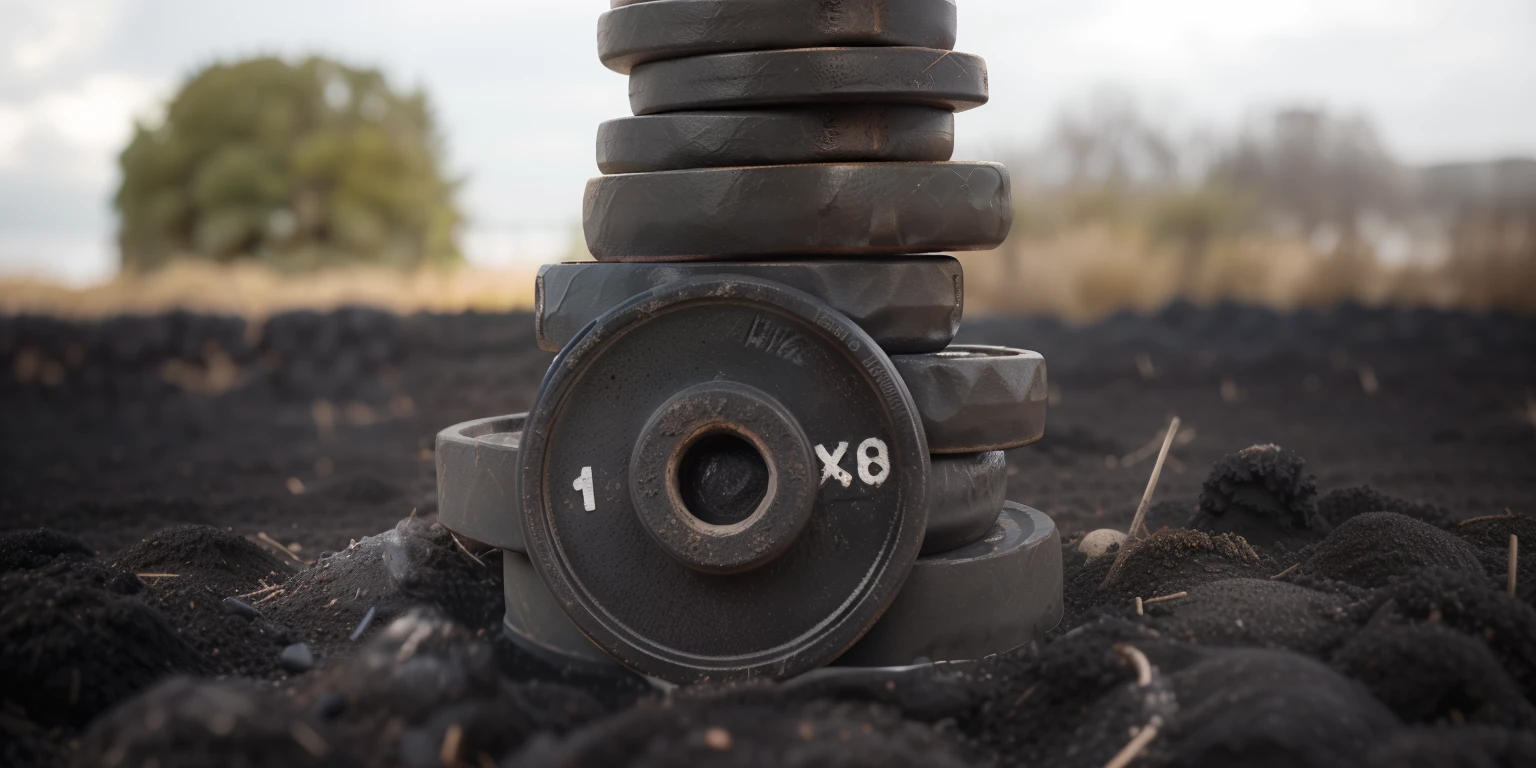 a close up of a stack of black metal weights on a field of black dirt, lifting weights, thick set features, various sizes, stacked, heavy detail, cast iron material, spare, small medium and large elements, bells, 35 mm product photo”, stacked image, rich texture, strong features, strength, pan and plates, strong and imposing, fit, well worn, detailed dirt, high quality soil