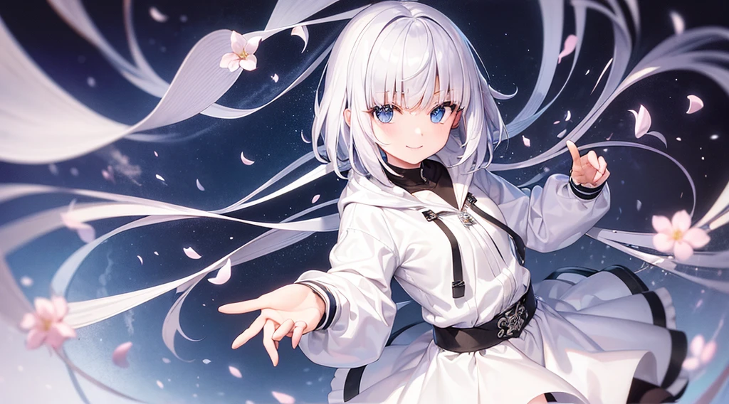 Ultra-high image quality,Look at viewers, hands behind back, girl with, 20 years old, Very short hair, long bangs between eyes, pale blue eyes, Hoodie, Skirt , Extremely detailed,(​masterpiece、top-quality)、report、White hair、A smile、White skin as clear as snow、Fantastical, Silver hair, Black eyes, Beautiful eyes,, Ecstasy, charmed, be smitten with audience, Hoodie, White hoodie,a black skirt,Hair is short,look down from above,(masutepiece, Best Quality:1.1),report, 1girll, Curve,White jacket, Casual style,Open jacket,  Cowboy Shot、report、Fluttering hair、a small face、hason、Bright smile、(parka、white sneaker fingers、Human hand)、(Detailed face) 、(top-quality: 1.4、tmasterpiece、 hyper HD、 Top resolution,、Very detailed、 profetional lighting、 Gray Light Lighting、Sea view,Cherry blossom background,fantastic landscape,Blue sky, Sunlight,look down from above
